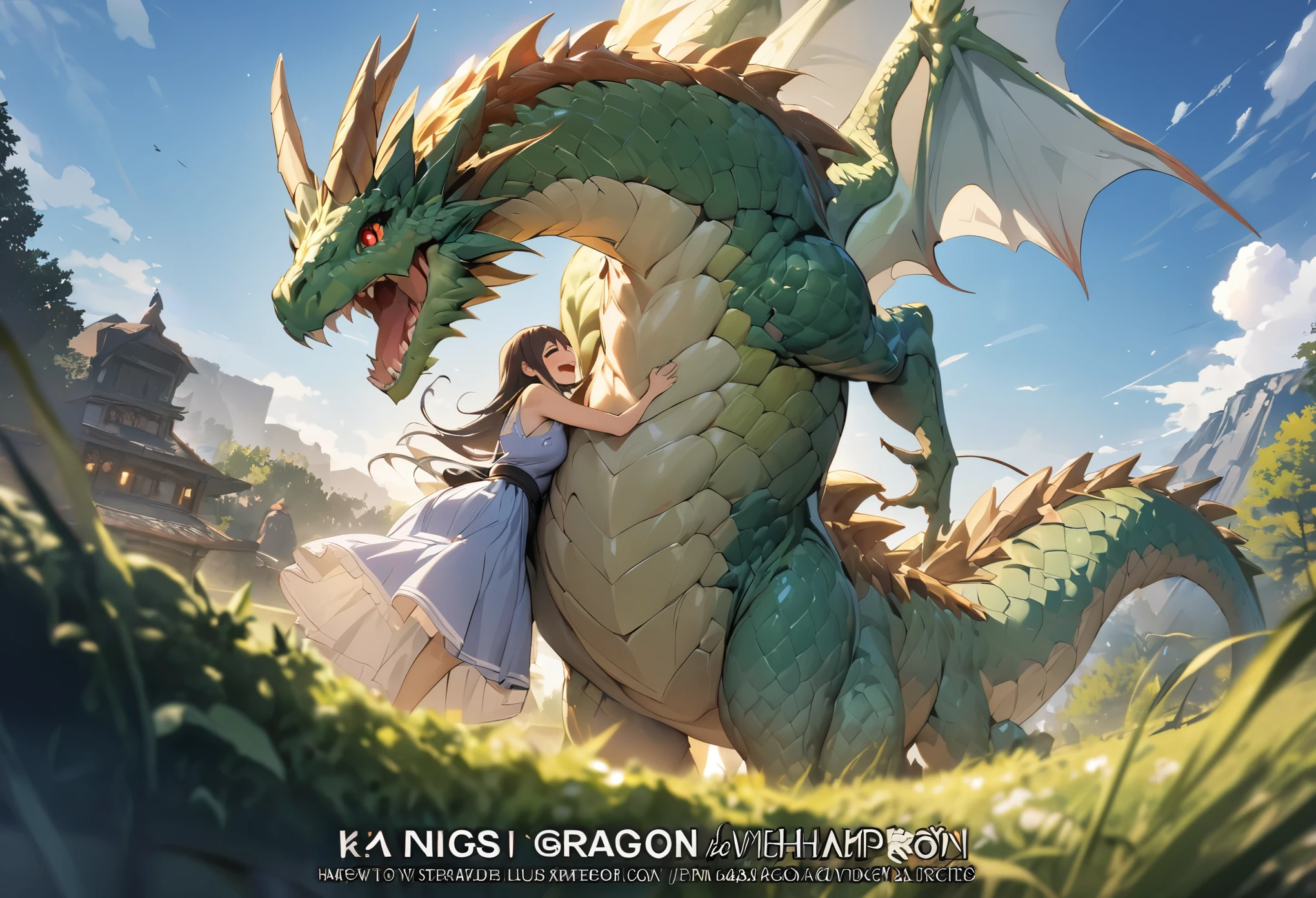 cover page, highres, top quality, best quality, paid reward available, unparalleled masterpiece, perfect artwork, absurdres, High-quality illustrations, super high resolution, detailed background, perfect anatomy(1girl, dress skirt, large gragon, hugs)((movie of a Dragon and human girl))blue sky, smile, smile, happy, joyful, cinematic lighting, subtitles, English text,