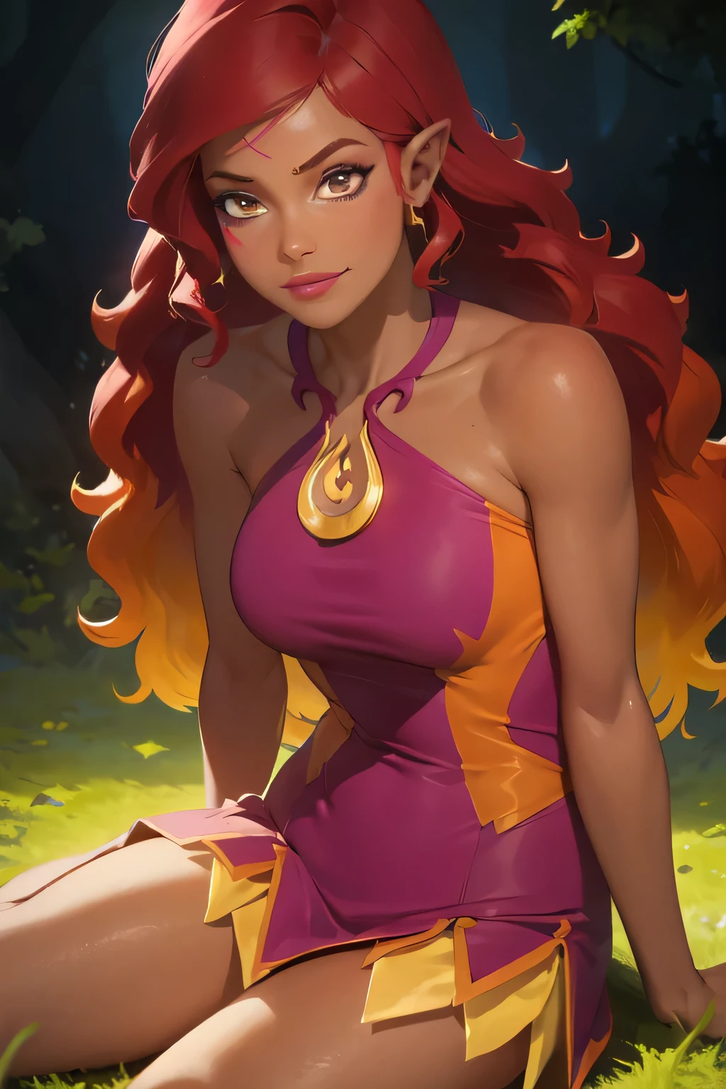 (AzariFiredancer), (dark skin, red hair, brown eyes), red to orange gradient hair, (realistic:1.2), (masterpiece:1.2), sexy, athletic body, sitting in grass, medium breasts , neon lighting, dark romantic lighting, (highly detailed:1.2),(detailed face:1.2), (gradients), colorful, detailed eyes, smirking, (detailed landscape:1.2), (natural lighting:1.2), solo, 1girl,  short skirt, slit skirt, hip