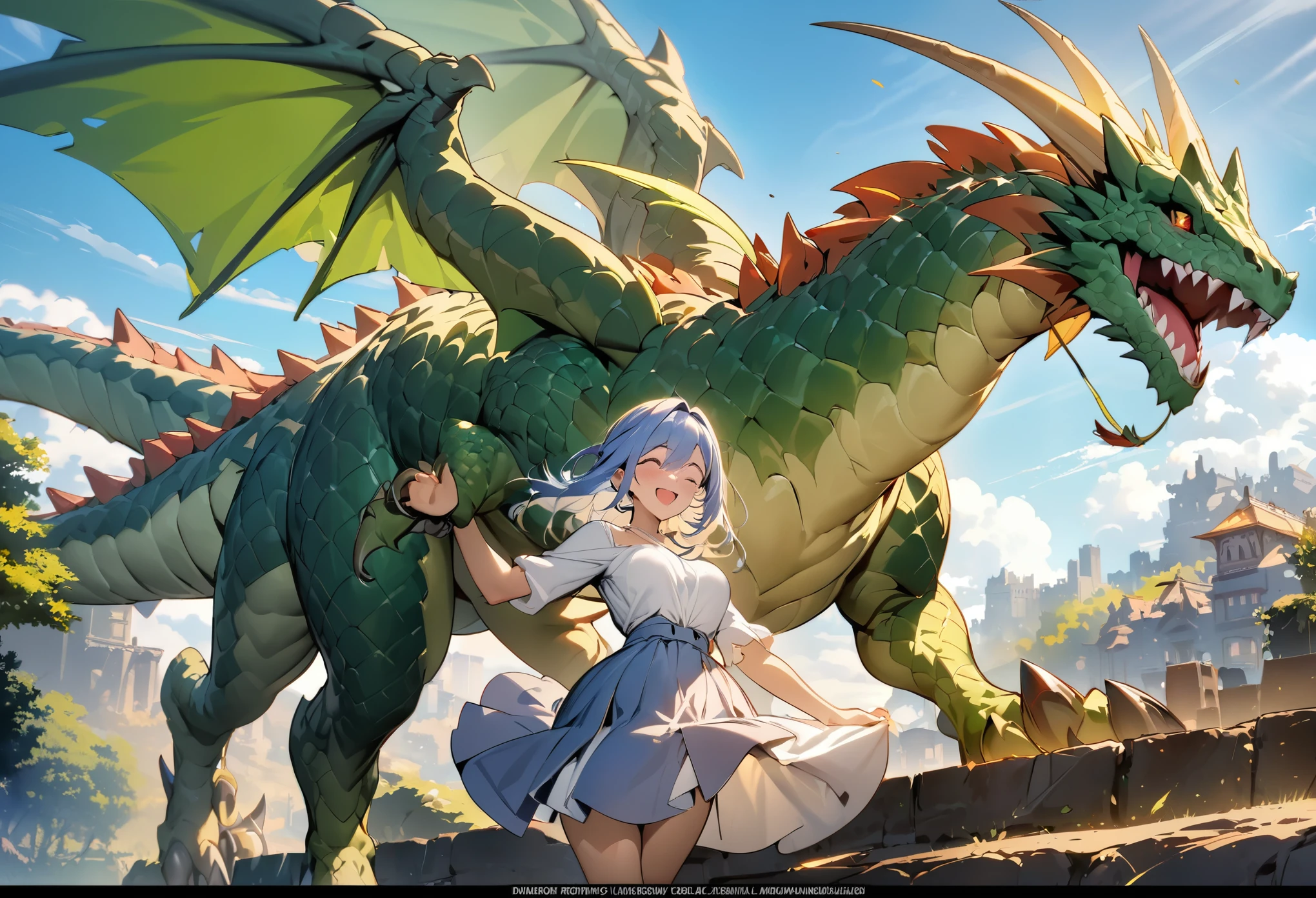 cover page, highres, top quality, best quality, paid reward available, unparalleled masterpiece, perfect artwork, absurdres, High-quality illustrations, super high resolution, detailed background, perfect anatomy(1girl, dress skirt, large gragon, hugs)((movie of a Dragon and human girl))blue sky, smile, smile, happy, joyful, cinematic lighting, subtitles, English text,