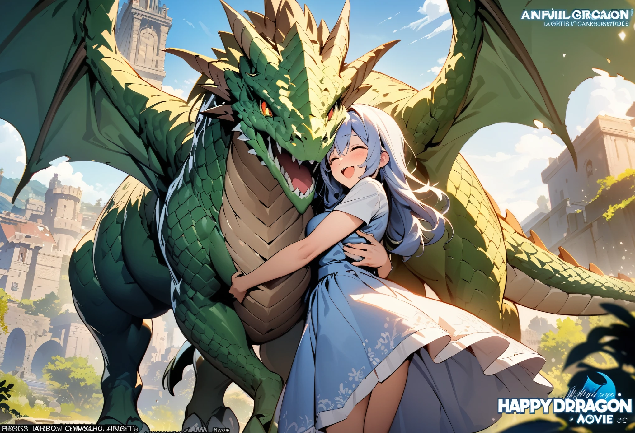 highres, top quality, best quality, paid reward available, High-quality illustrations, unparalleled masterpiece, grass field, absurdres, height difference, large dragon hugs girl((wedding Photo of a Dragon and human girl))girl, wedding dress, girl hugs dragon, Shy laughter, torogao, happy, kiss(beautiful detailed eyes and face)caustics, dynamic lighting, deep shadow, lens flare,