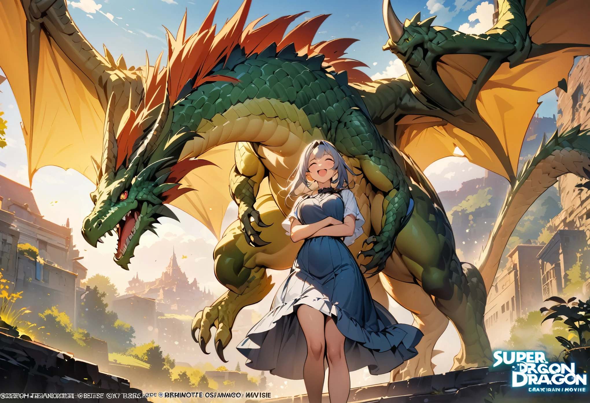 cover page, highres, top quality, best quality, paid reward available, unparalleled masterpiece, perfect artwork, absurdres, High-quality illustrations, super high resolution, detailed background, perfect anatomy(1girl, dress skirt, large gragon, hugs)((movie of a Dragon and human girl))blue sky, smile, smile, happy, joyful, cinematic lighting, subtitles, English text,