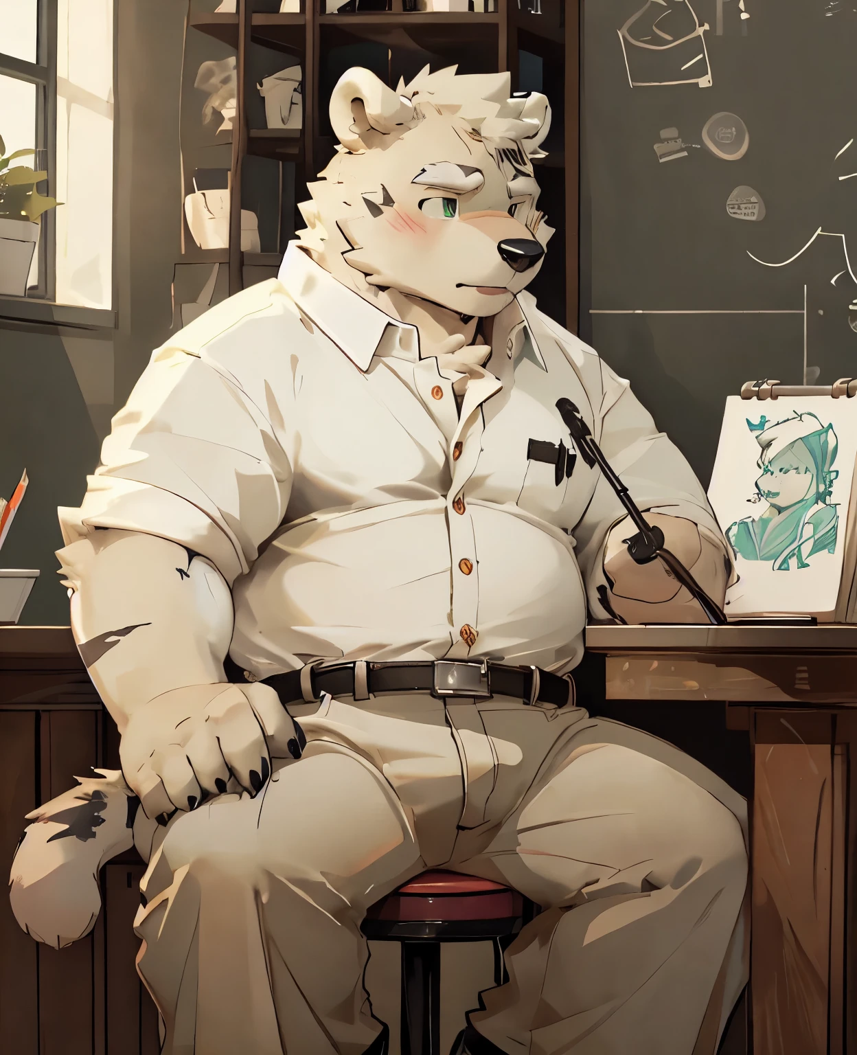 anatomy, human nature,((polar bear| White bear | Green Eyes)),(polar bear:1.2) ,from behind,perfect,Wide-Angle Dark Eyes,fat,Shota,Lovely,young,Blushing,Paintbrush in hand,(Sitting on a stool and drawing),male, Solitary,In the studio,Drawing seriously,((no decorations,unbuttoned shirt,Black school uniform pants),In the studio,完美的Green Eyes,Tiger Tail ,Not NSFW,By Bei Bei Bei Bei, by zackary911