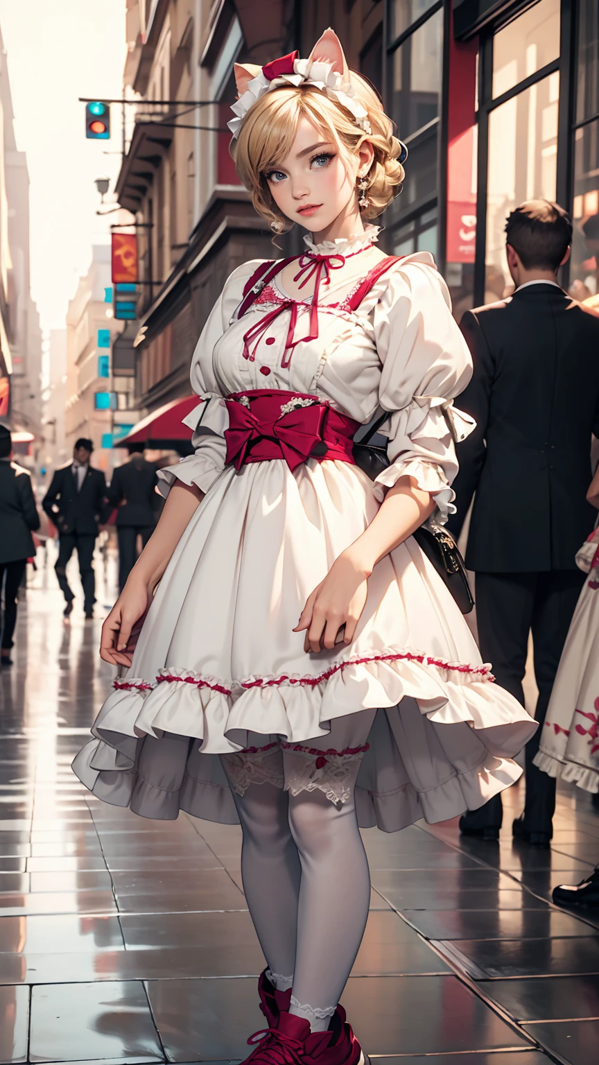 Amazing details, 8K Photos, Hyperrealism, professional lights, Realistic Background, Visual depth, Background blur, Wide-angle lens, whole body, (13 years old, cute, change, Flat Chest, Cat ear), One girl, Colored eyes, Blonde, (Lolita fashion: 1.5), (race, Frilled shirt, White petticoat, sneakers), (stuffed toy), pink cute backpack, street, fashion