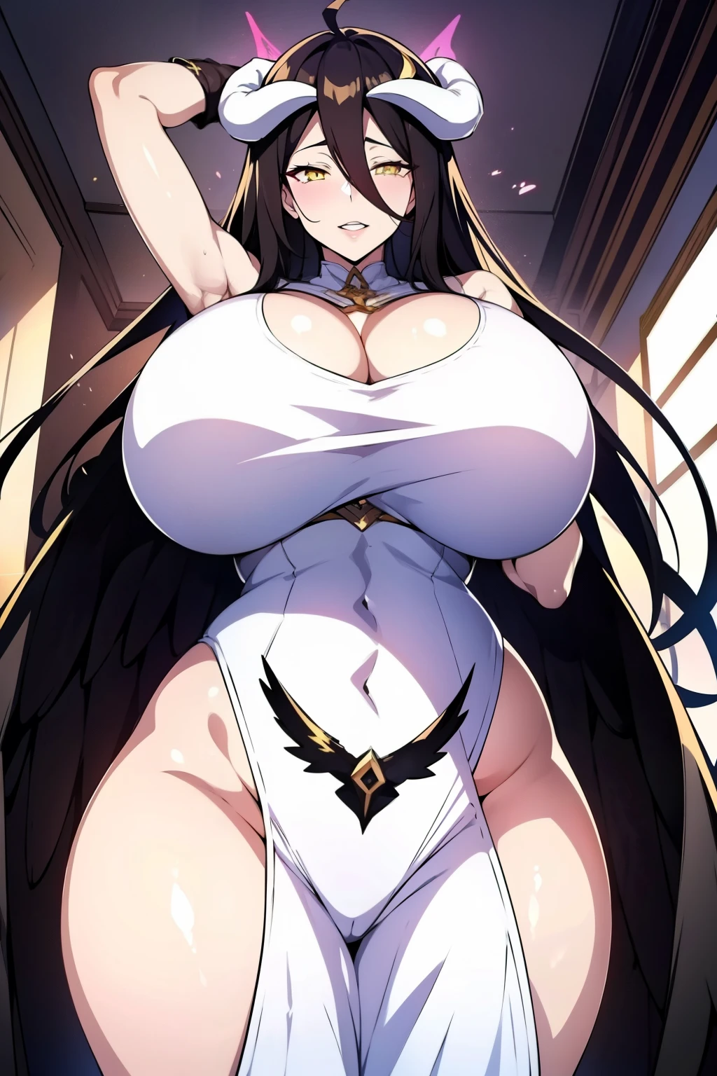 An anime-style artwork depicting albedo from the anime overlord.

Tags: albedo (overlord), 1girl, albedo (overlord), solo, horns, long hair, black hair, gloves, yellow eyes, demon girl, ahoge, white gloves, wings, open mouth, bare shoulders, demon horns, hair between eyes, parody, black wings, very long hair, breasts, low wings, anime, detailed eyes, detailed lips, smiling expression, intense gaze, dynamic pose, indoor, palace, vibrant colors, digital art, high-resolution, professional quality, gigantic breasts, (underboob : 1.4), curvy, cowboy shot, (gigantic breasts: 1.4), cleavage