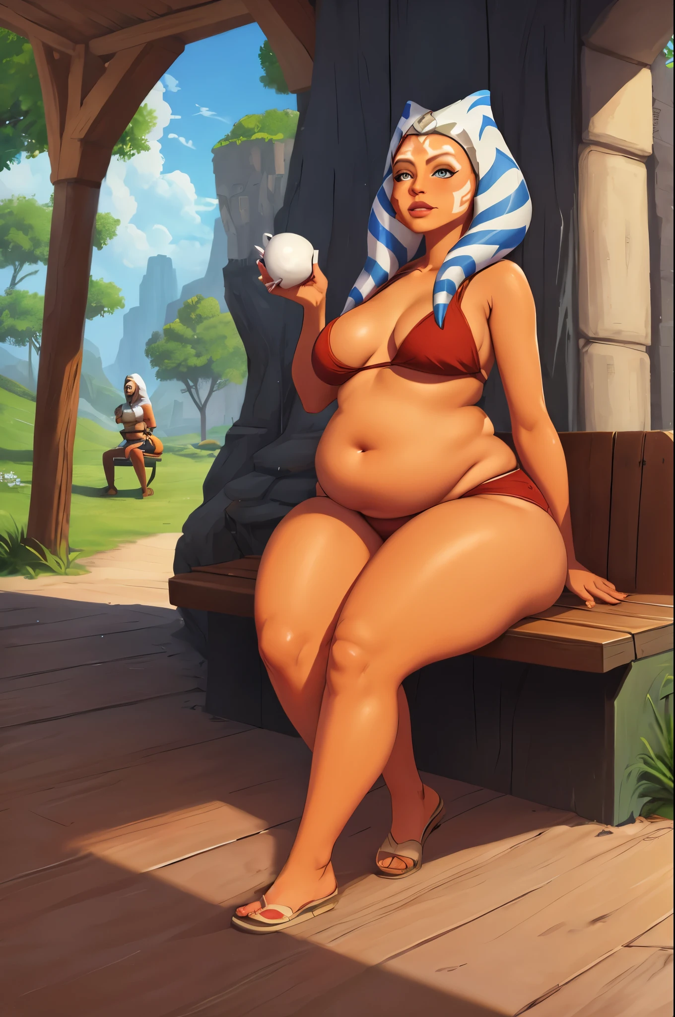 1woman, orange skin, Ahsoka Tano, wide hips, thick thighs, chubby belly. pear shaped body. wider hips, fat. sitting on a wooden bench, inside the Jedi temple.