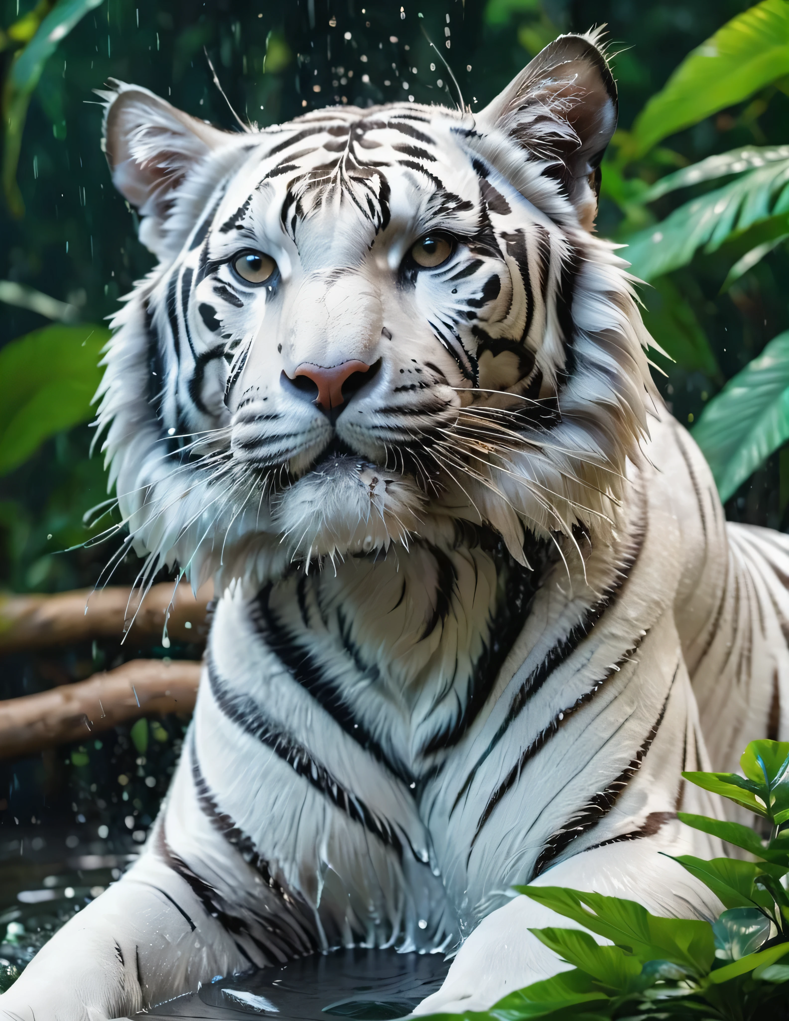 #quality(8k wallpaper of extremely detailed CG unit, ​masterpiece, hight resolution, top-quality, top-quality real texture skin,hyper realisitic, digitial painting,increase the resolution,RAW photos，best qualtiy,highly detailed,the wallpaper),BREAK,white tiger head(full body,bathe,beautiful black ,shiny feathers,head close up shot,feather repelling water),#background(,in beautiful forest,dappled sunlight,raining),(head close up shot:2.0)