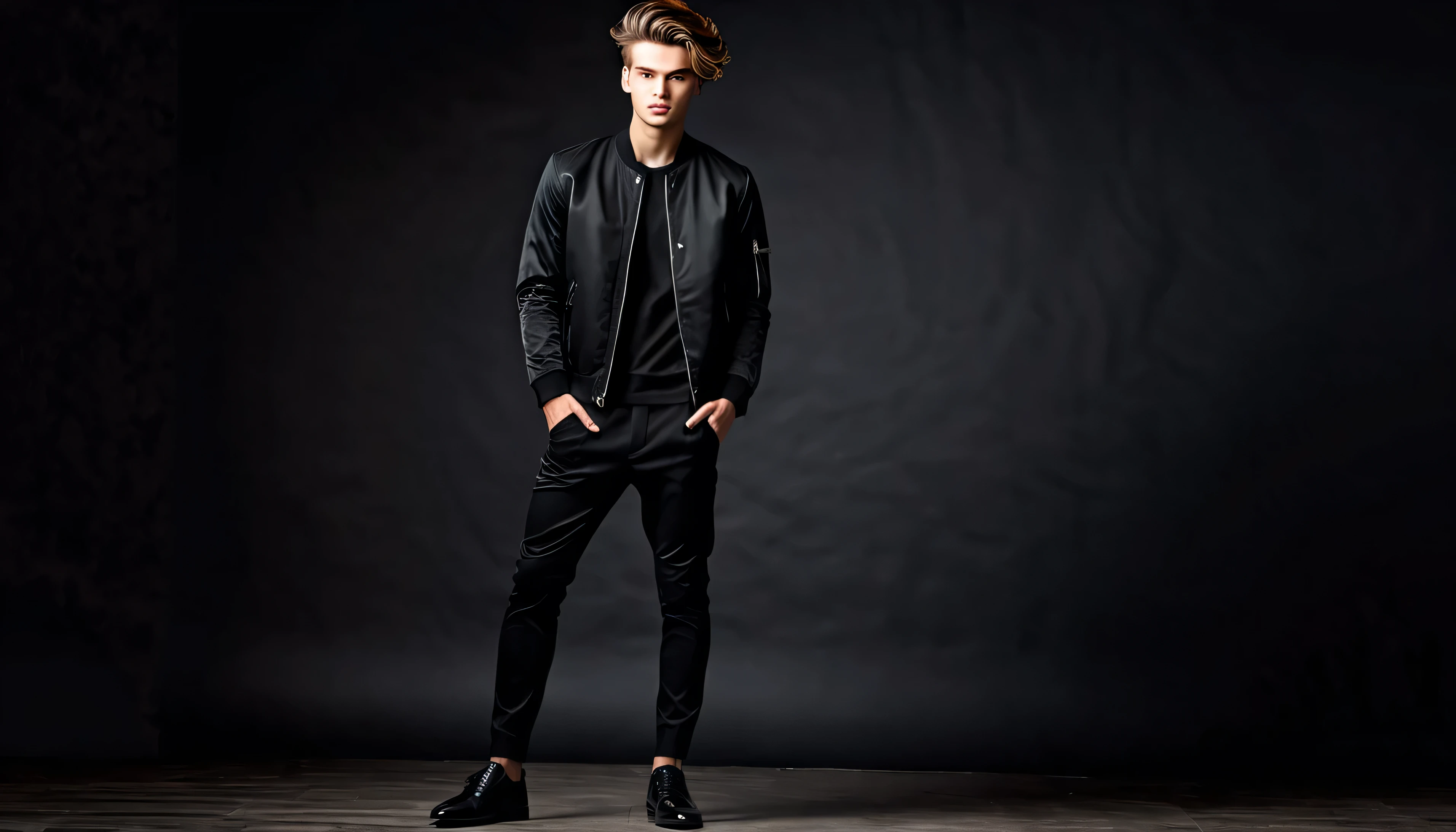 A stylish young man with a charming contemporary look, exudes confidence. His hair is neatly combed in a modern style that reflects his dynamic personality. His facial expression displayed a mixture of courage and gentleness. Wearing shoes, black pants jacket. The background is dark, emphasizing the contrast with her light face, creating a mysterious and dramatic atmosphere.