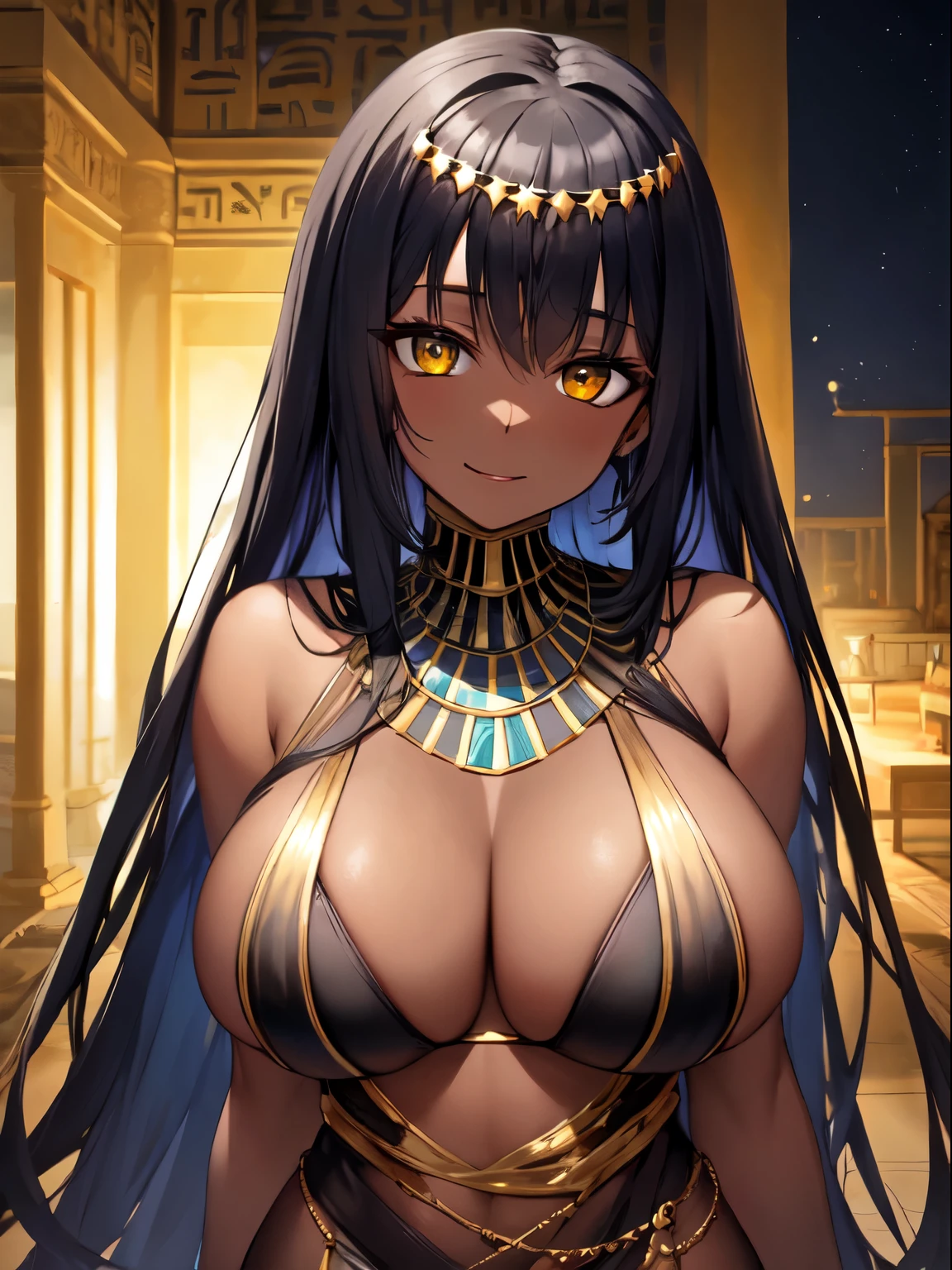 (SLE, mksks style, detailed background:1.1), (alone:1.3), mature, female, ((black skin)), fancy 이집트 드레스, long hair, black hair, beautiful hair, eye 위의 머리카락, yellow_eye, voluptuous body, happy, Expose only the breasts, head tilt,whole body, volumetric lighting, (outdoor:1.3), egyptian house, fancy