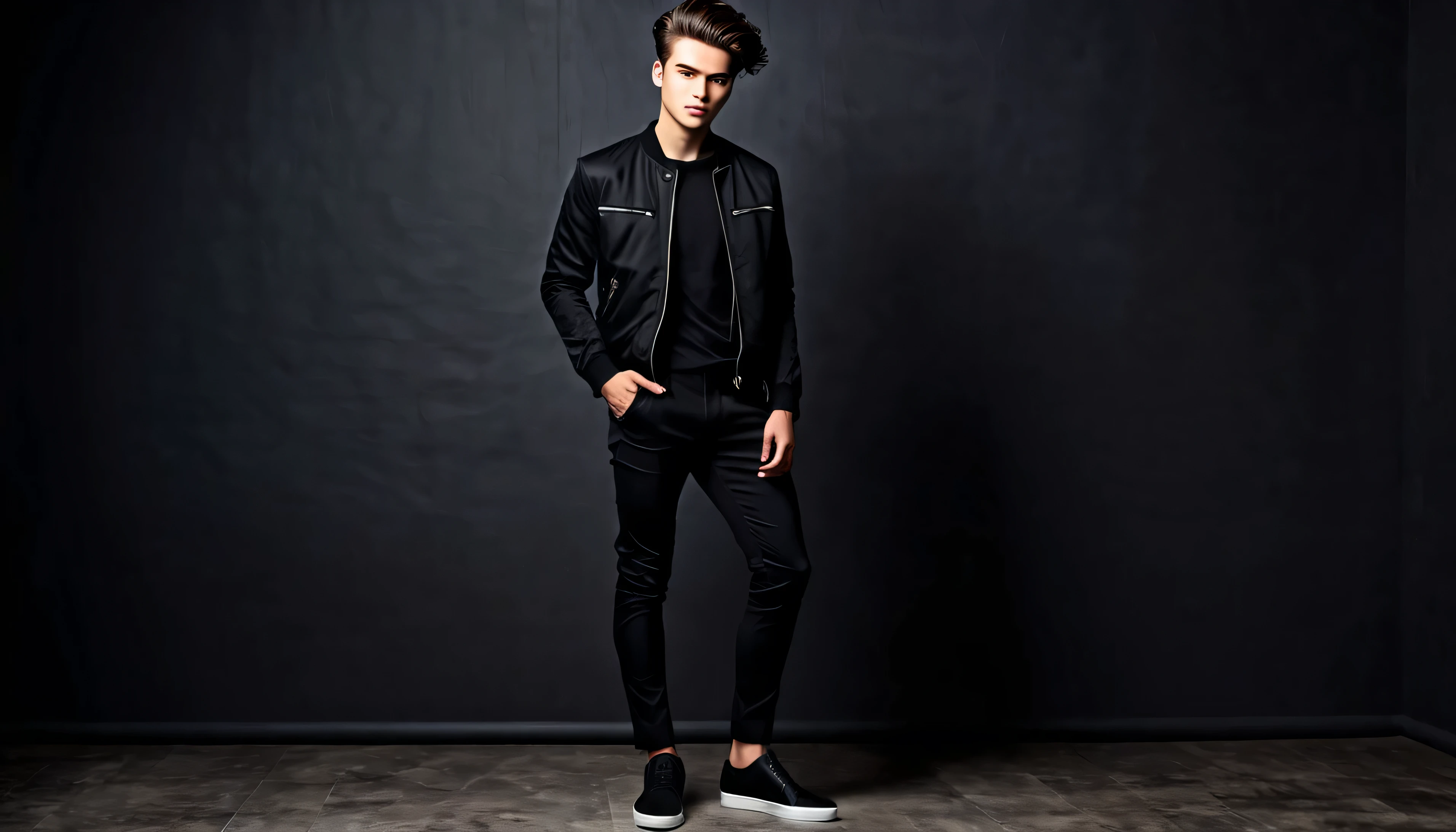 A stylish young man with a charming contemporary look, exudes confidence. His hair is neatly combed in a modern style that reflects his dynamic personality. His facial expression displayed a mixture of courage and gentleness. Wearing shoes, black pants jacket. The background is dark, emphasizing the contrast with her light face, creating a mysterious and dramatic atmosphere.