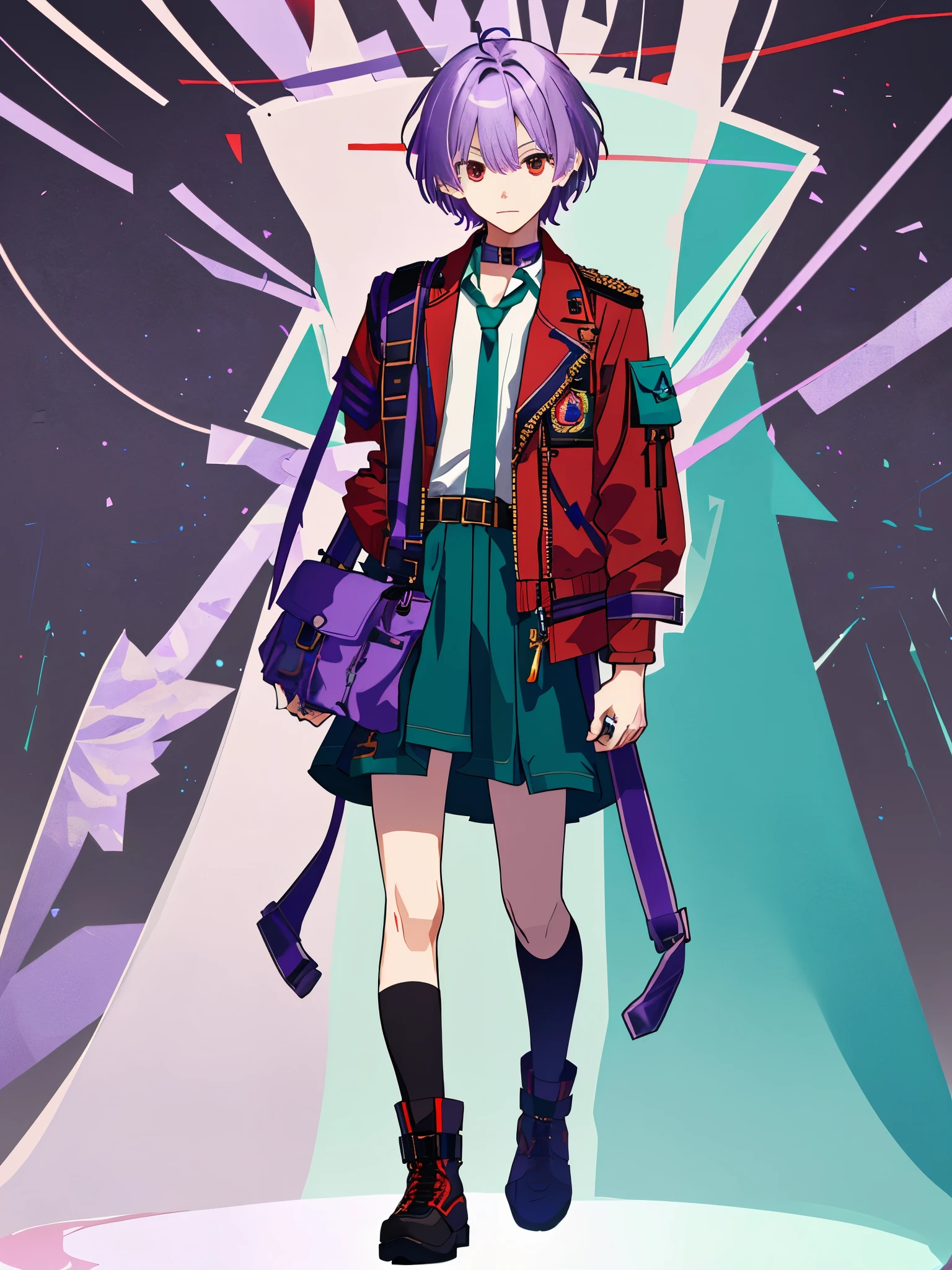 ((Full body)), (a boy), ((short hair)), beautiful boy, ((military jacket)), ((idol costume)), ((light purple hair)), ((red eyes)), ((teal jacket)), ((Armed shoulder strap))