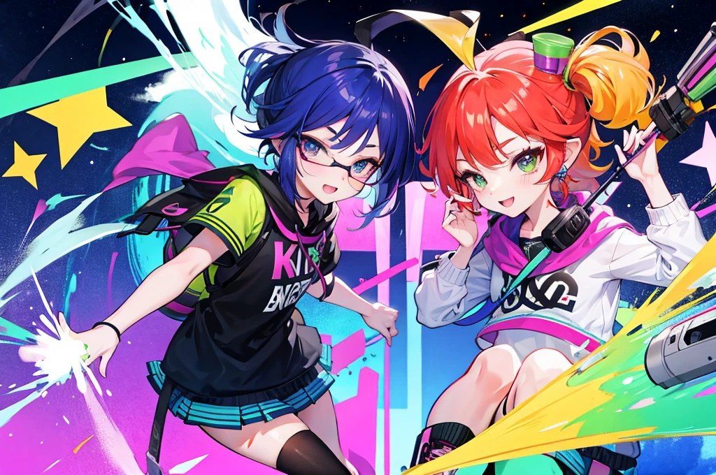 Elementary school students are playing Splatoon pretend,playing with paint on each other using various gadgets,colorful stage,beautiful lighting, volumetric lighting, dynamic pose,sharp,