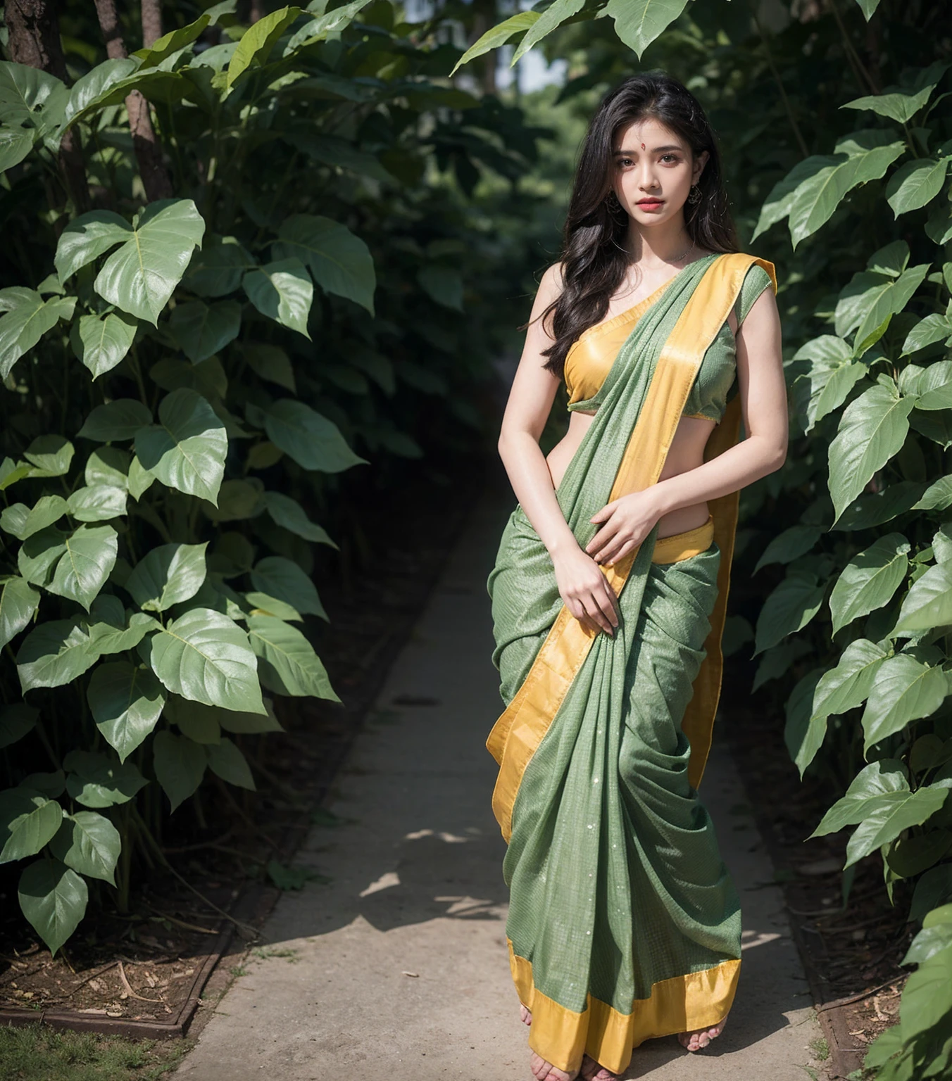 a woman in a green sari posing for a picture, sari, ethnic, vibrant feel, full body wide shot, chiffon, ritu kumar, dressed in a sari, vines, wearing a sari, lush green, full length view, a wide full shot, with colourful intricate, wearing sari, neon yellow madhubani, zido, full frontal shot, yummy, greenery