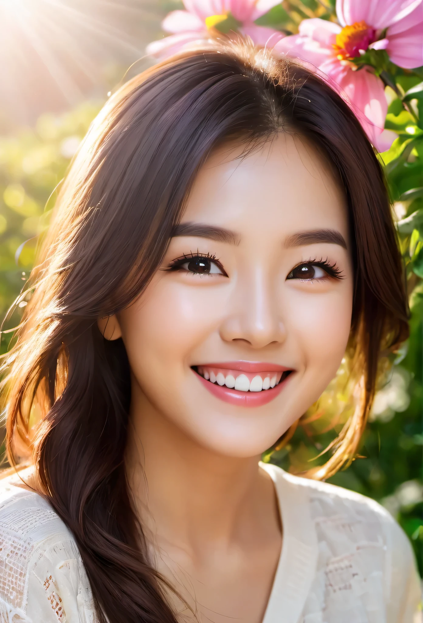 (The best quality at its best,4K,8k,High resolution,masterpiece:1.2),Super detailed,(Actual,photoActual,photo-Actual:1.37),smile,Happy expression,Detailed facial features,Beautiful bright colors,Vibrant atmosphere,Warmly lit,Playful,enthusiasm,Shining Happiness,Warm Feelings,joy,Entertainment,elated,Big smile,beauty,Bright eyes,Curved lips,Giggling,facial expressions of joy,joyにShining Eyes,Natural and attractive,Light of Happiness,Infinite joy,overflowing happiness,A contagious smile,Friendly Energy,heartfelt Giggling,Attractive happiness,Bright atmosphere,A gentle smile,Multicolored background,Shining Sun,Nature&#39;s Embrace,Flowers in full bloom,Quiet Garden,serenity and joy,Calm and content,Gratitude and gratitude,Peaceful and prosperous environment,A vibrant and positive atmosphere,A harmonious environment,Playful interaction,Lovely atmosphere,Exquisite detail,Energetic emotions,shining cheeks,Shining Eyes,Happy soul,Giggling echoing,joyful memories.