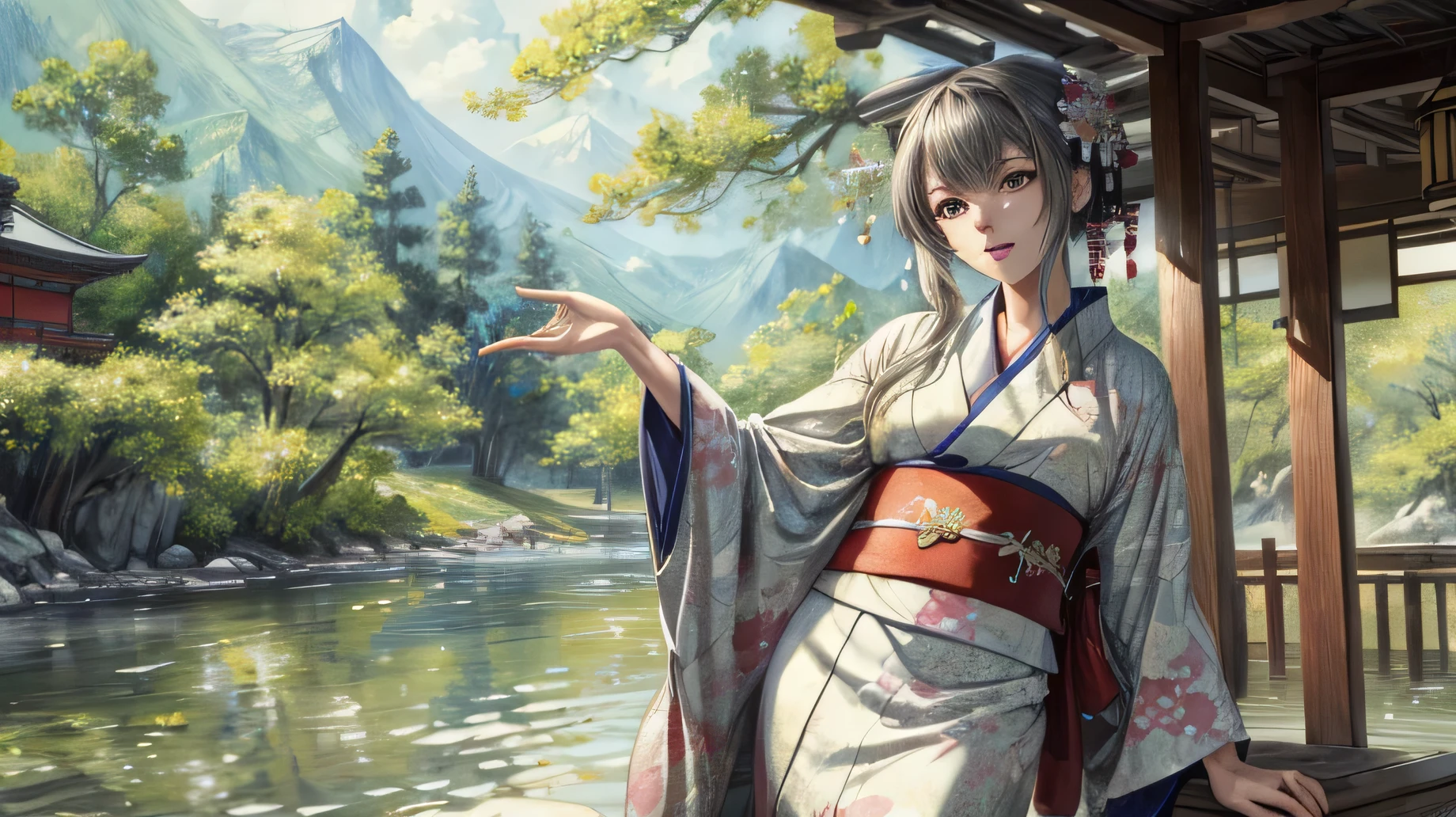 ((highest quality)), ((masterpiece)), (detailed), for anime,Spectacular Nature,Beautiful woman in kimono