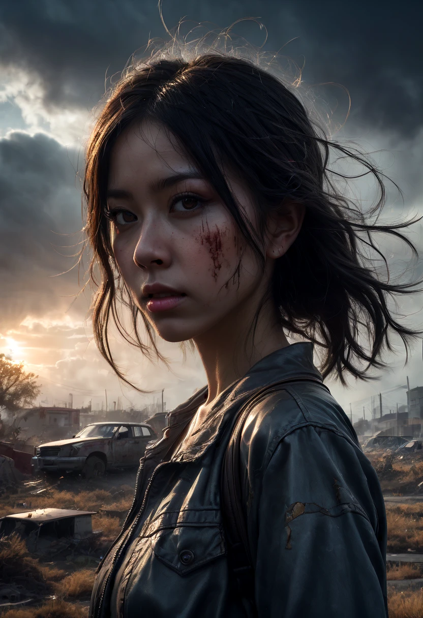 1girl, Post-Apocalyptic Wasteland, I invoke The World!(best quality,4k,8k,highres,masterpiece:1.2),ultra-detailed,(realistic,photorealistic,photo-realistic:1.37), HDR, UHD, studio lighting,ultra-fine painting,sharp focus,physically-based rendering,extreme detail description,professional,vivid colors,bokeh, portraits,landscape,horror,anime,sci-fi,photography,concept artists, desolate city ruins,dystopian atmosphere,dramatic lighting,thick smoke,abandoned vehicles,crumbling buildings,decaying infrastructure,overgrown vegetation,barren landscape,distant mountains,ruins of the past,wandering girl,courageous and determined expression,protective clothing,carrying a survival backpack,armed with a makeshift weapon,scavenging for resources,searching for signs of life,unforgiving sky,piercing winds,tall grass swaying,ominous dark clouds,red dust swirling,harsh sunlight casting long shadows,cracked pavement,earth-toned color palette,dilapidated and rusted metal structures,overturned cars,fading graffiti,desolation and despair in her eyes, nature reclaiming what was once a thriving city,chaotic mix of destruction and beauty,majestic and haunting, a world on the brink of collapse.