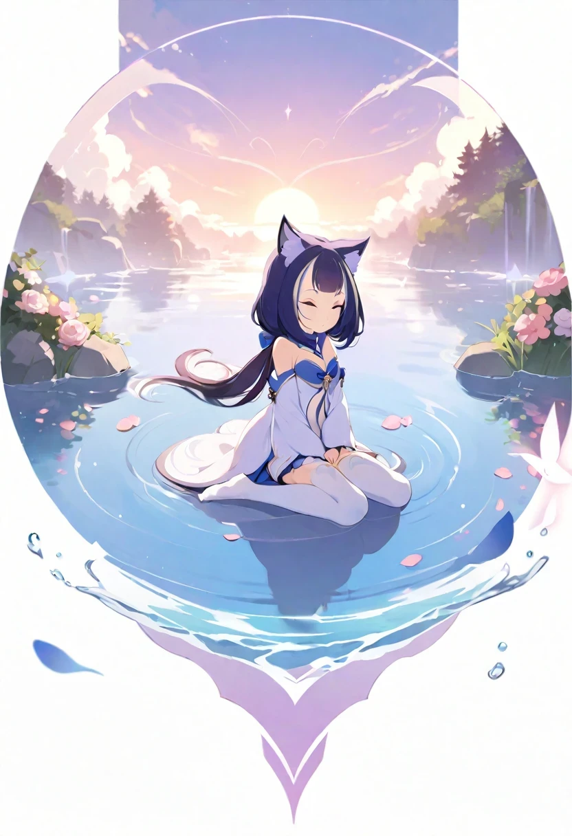 (shylily/(Twich/):1.5),(masterpiece:1.2),(best quality:1.2),, (1girl:1.3),(origin:1.5),(no shoe:1.3),[(white background:1.35)::0.25], (bottle bottom:0.9),mid shot, full body, flowers,floating petal,stone fragment, beautiful detailed water,cloud,sun,dusk,sunset,,(solo:1.2),(Masterpiece),(Best quality),(Extremely Detailed CG Unity 8k Wallpaper),(high resolution),(Best background details:1.26),(Best character details:1.36),(pastel (medium):1.35),sparkle,1girl,, cat ears, (cat girl:1.1), hair between eyes, ((low twintails)), long hair, hair ribbon, hair ornament, bowtie,fur-trimmed dress, thighhighs:1.3),, illustration, Accumulate, table, flower, bow, bangs, tree, frills, long sleeves, bowtie, pink flower, closed mouth, shirt, outdoors, pink bow, grass, yellow bow, saucer, [(floating island:1.2,cloud)::5],