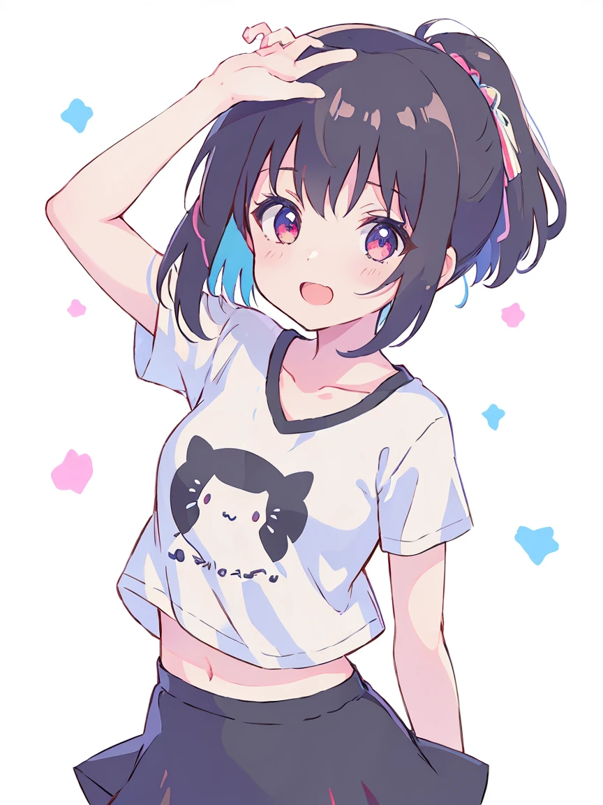 cute、wear a t-shirt、Anime illustration face with soft color palette style、Animated GIFs、Hand-drawn animation、Attractive sketch、Smooth and shiny background - AR 1:1 - Rainbow 5 - Expressive Style - S 50(highest quality, Tabletop, RAW Photos,Very detailed:1.2),Black Hair，Blue Inner Color Bob，Red eyes，Best image quality，８ｋ，Laughter，Straight Hair， The head is near the center of the screen,frontage,cute ,from the front,One Girl,Wide-angle,Hair tied up on one side,short hair,float in the background,mini skirt，Kamimei，View from above，Upper body, Grab the microphone and sing