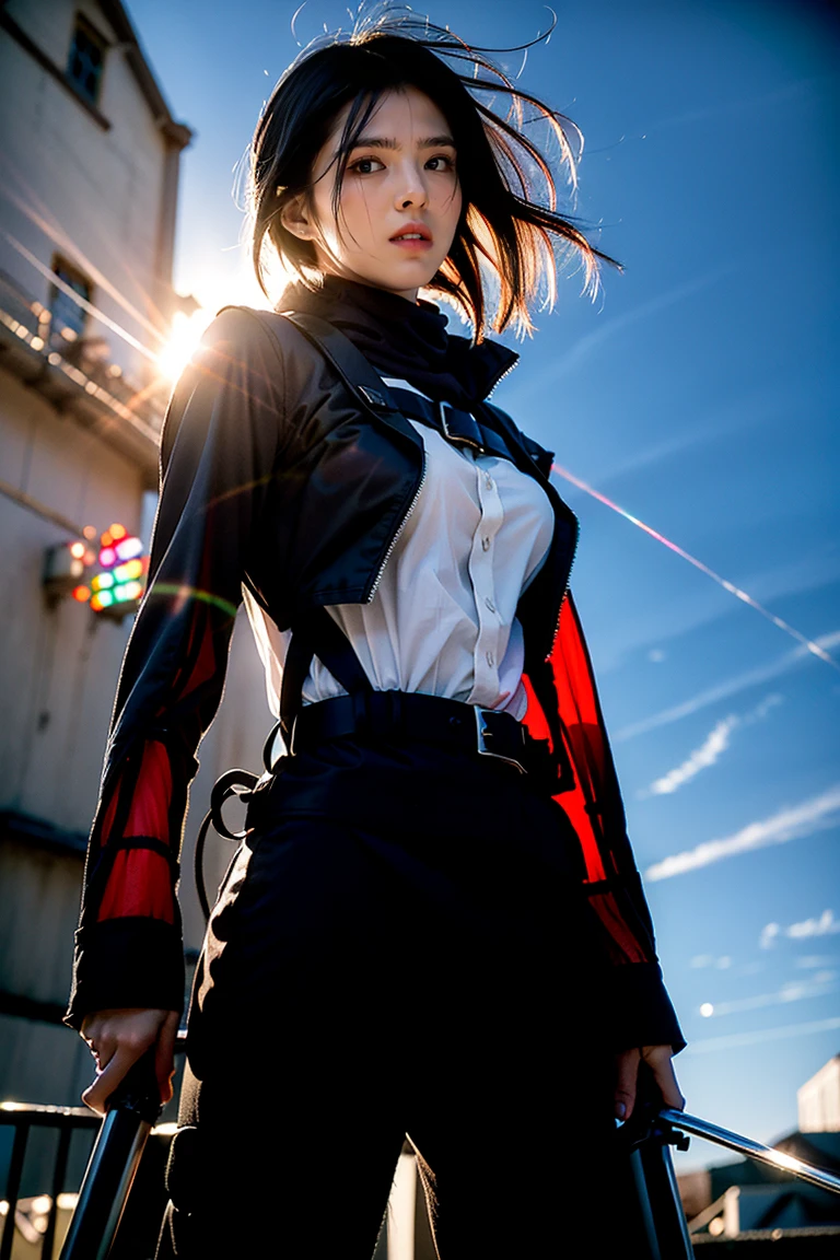mikasa ackerman, Female action anime girl, badass posture, big smile, happy face, attack on titans, Female protagonist 👀 :8, rogue anime girl, short hair, anime figure, (Attack on Titan anime), trigger anime artstyle,1girl, dynamic angle, splashart, Complete shot of the charming Amish male silk weaver, CEL shadows, velvet, ribbons, offcial art, Unity 8k wallpaper, ultra - detailed, aesthetics, tmasterpiece, best qualtiy, Photorealistic