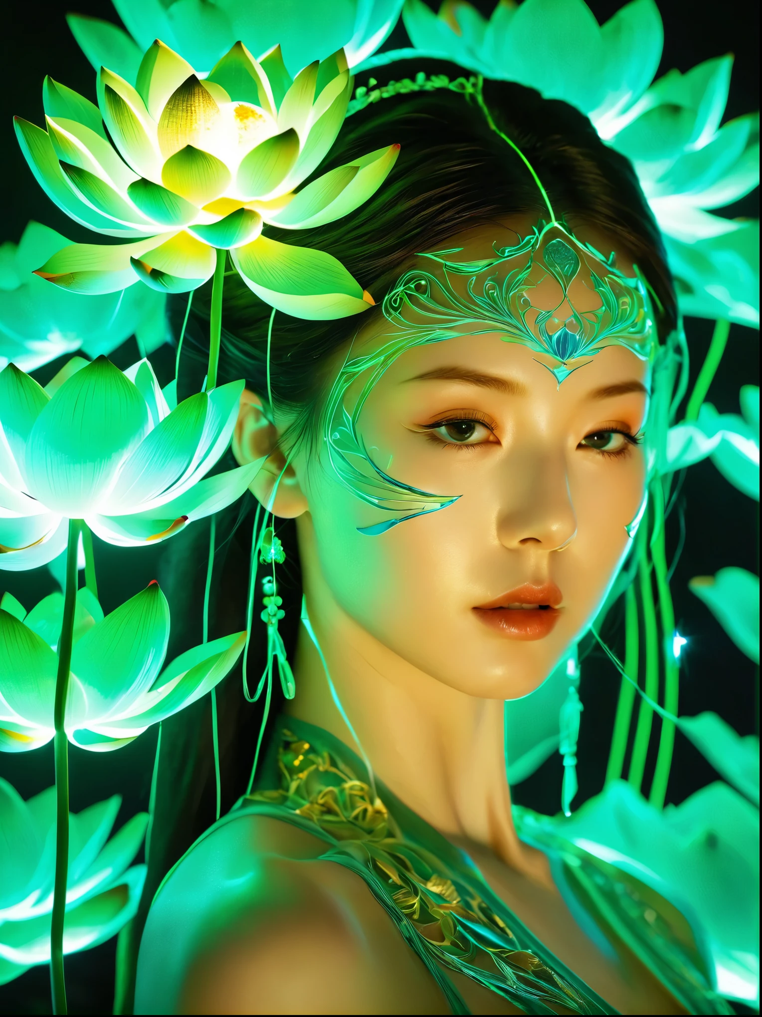(1girl:1.3), (lotus),exit,Lady Hell,Anatomically correct,fantasy,Anatomically correct,Sunlight, reverberation, Experimental photography, Surreal contrasts, Eye-Catching Visuals, Artistic abstraction, Break the art of cutting, Layered Outlines, complex pattern, exquisite craft, shadow play, Depth and size, creative expression, break art, Frozen sculpture, translucent形式, short-lived beauty, Crystal structure, exquisite craft, touching, break green eye,body glow,glowing lines,Fluorescence,Glow Example,Tracking example,flash,Fluorescence粒子,Backlight,translucent,Light particle blur,Movie lighting effects,Fractal background