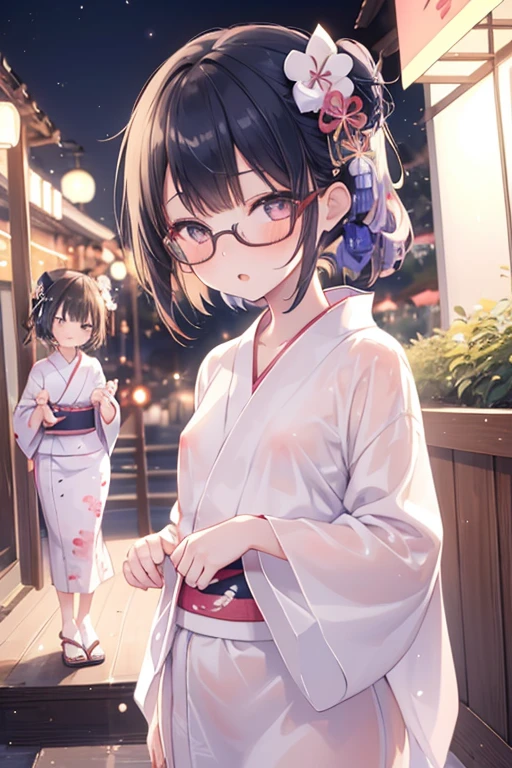 (2girl:1.5),(Little Girl:1.5),(young mother:1.3),half nude,Provocative,(micro yukata:1.3),nipple visible,Girls of short stature,(Small breasts:1.3),glasses,Clothes are see-through,Spoiled Girl,on night festival,Lesbian,