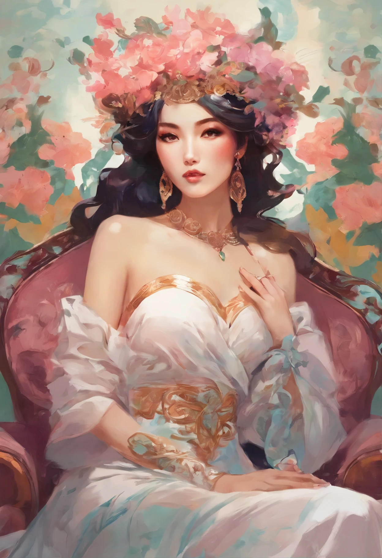 arafed asian woman with a flower crown on her head sitting on a couch, inspired by Yanjun Cheng, sensual painting, artwork in the style of guweiz, inspired by Russell Dongjun Lu, yanjun chengt, wenfei ye, xue han, inspired by Fenghua Zhong, glossy magazine painting, chinese girl, pinup art
