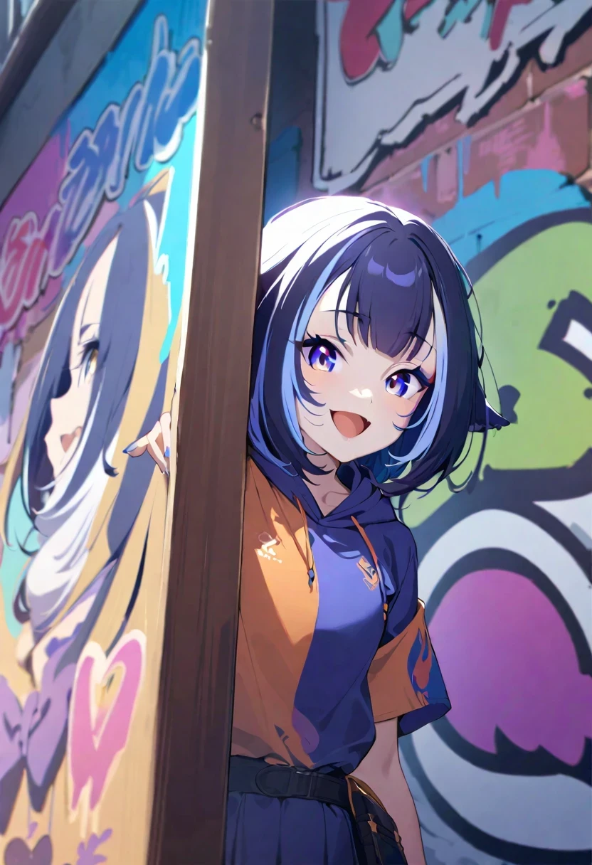 (shylily/(Twich/):1.5),(masterpiece:1.2),(best quality:1.2),, (1girl:1.3),masterpiece, high quality, highres, absurdres, ultra-detailed, 8k, 1girl, , multicolored hair, gradient hair, looking at viewer, colorful eyes, colorful hoodie, (graffiti murals wall background:1.15), brilliant colorful paintings, bloom, portrait, open mouth, waist bag, against wall, bangs, shadow, reflection, Graffiti face, colourful eyes, open mouth, yandere expression, smile, look at viewer
