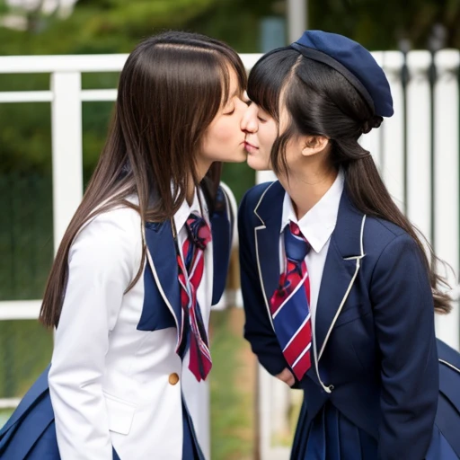 Two Japanese high school girls in revealing uniforms kissing