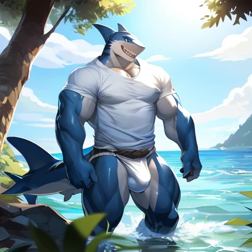 hi res,(shark, finless shark), not furry, anthro, aqua blue eyes, white fundoshi, bulge, male, muscular, muscular anthro, muscular male, tail, outside, plant, light blue body, sea, solo, tree, (water), detailed background,by milkytiger1145,by takemoto arashi,by null-ghost, cold atmosphere, open smile, soft blue blush, muscular thighs, thick thighs, wide hips, single fin, ((white shirt, white shirt)),