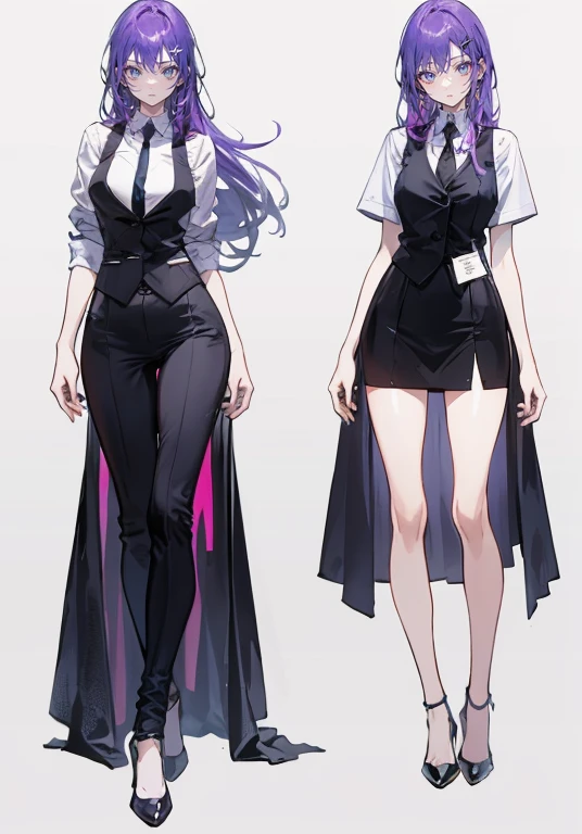 ((Perfect Face)),Purple Hair,voluminous long hair,1 female,bartender,suit,Black vest,Shirt with rolled up sleeves,tie,slit,High heels,,((Simple Background)),smile,((whole body)),((whole body)),Portraiture,virtual,upright,,Both arms are down,Standing upright with face and body facing forward,