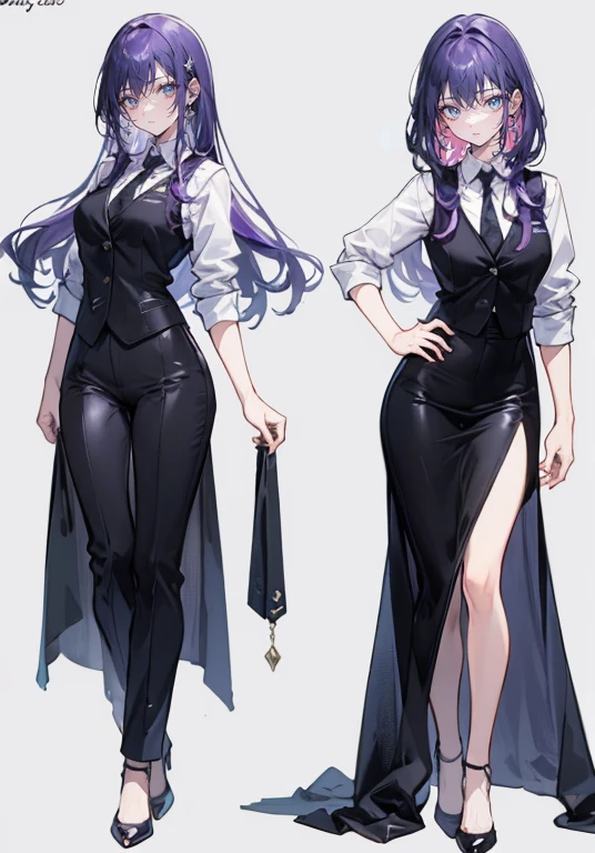 ((Perfect Face)),Purple Hair,voluminous long hair,1 female,bartender,suit,Black vest,Shirt with rolled up sleeves,tie,slit,High heels,,((Simple Background)),smile,((whole body)),((whole body)),Portraiture,virtual,upright,,Both arms are down,Standing upright with face and body facing forward,
