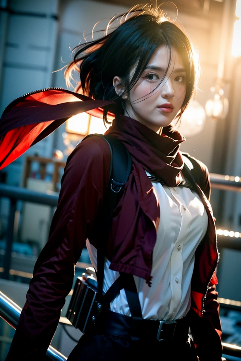 mikasa ackerman, Female action anime girl, badass posture, big smile, happy face, attack on titans, Female protagonist 👀 :8, rogue anime girl, short hair, anime figure, (Attack on Titan anime), trigger anime artstyle，1girl， dynamic angle， splashart, Complete shot of the charming Amish male silk weaver， CEL shadows， velvet， ribbons， offcial art， Unity 8k wallpaper， ultra - detailed， aesthetics， tmasterpiece， best qualtiy， Photorealistic
