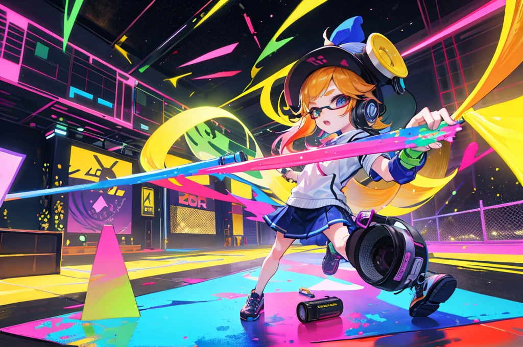 Elementary school students are playing Splatoon pretend,(playing with paint on each other using various gadgets),colorful stage,beautiful lighting, volumetric lighting, dynamic pose,sharp,