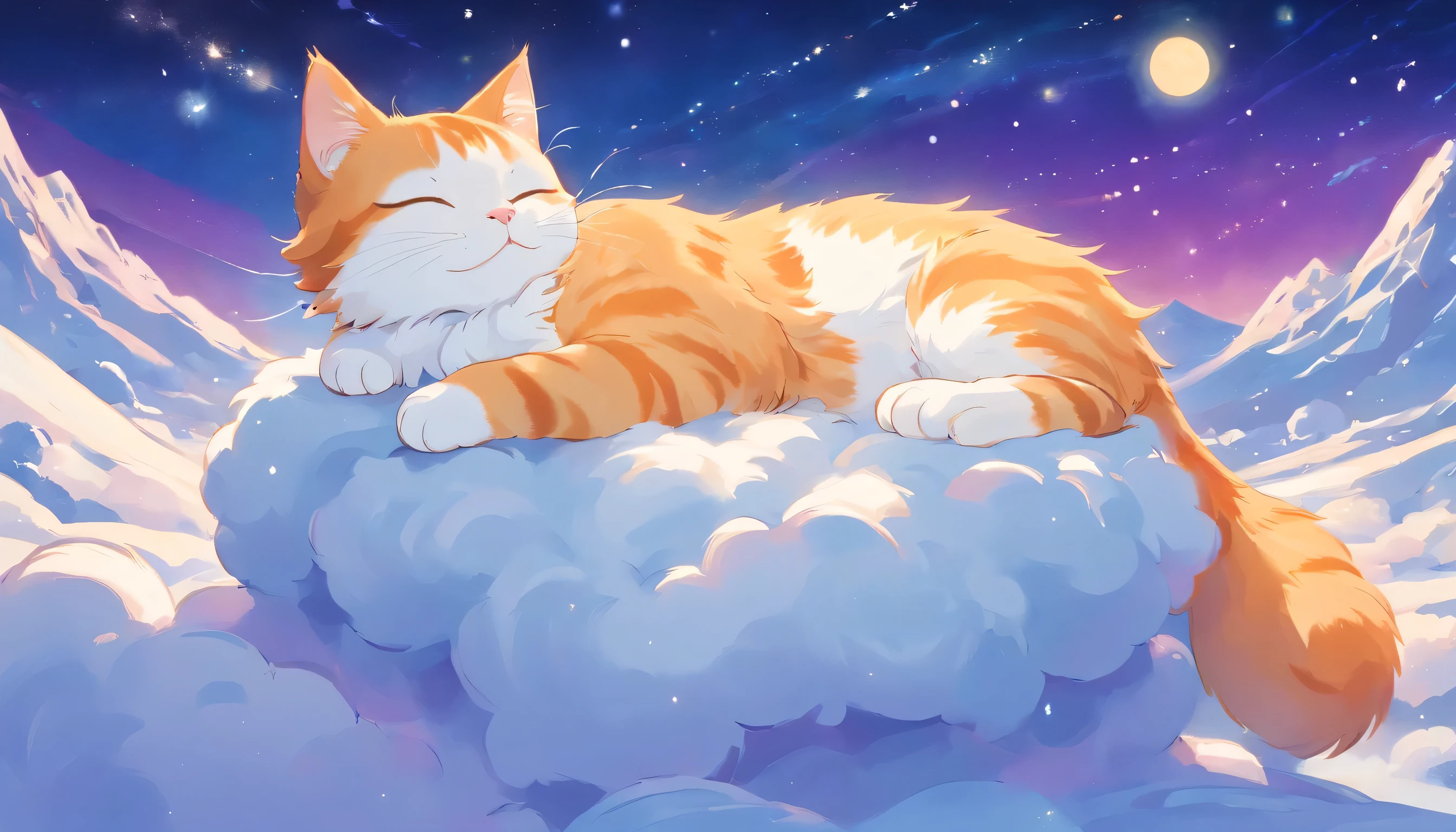 lor tone, color palette, aspect ratio 16:9This picture depicts a small orange-and-white cat lying peacefully on a cloud that looks like snow, with its eyes closed, as if enjoying a sweet dream. The cat’s expression is very calm and content, with its mouth corners slightly turned up as if it’s smiling. The background of the painting is a dreamlike starry sky, adorned with dangling stars and soft halos, some of which connect with graceful lines to create a quiet and peaceful night atmosphere.The overall style can be described as full of fantasy and fairy-tale colors. The entire image is dominated by warm and bright colors, The use of color is soft and layered; the orange and white cat contrasts sharply with the dark blue and purple background, creating a warm versus cool tone that enhances the snug feel of the picture.presenting a peaceful, warm, and pleasant feeling that makes one’s mood very relaxed and happy after looking at it. In addition, the details of the painting are exquisitely handled, such as the texture of the cat’s fur, the fluffiness of the clouds, and the twinkling starlight, all of which add to the picture’s delicacy and charm.Close ~ eyes、one cat