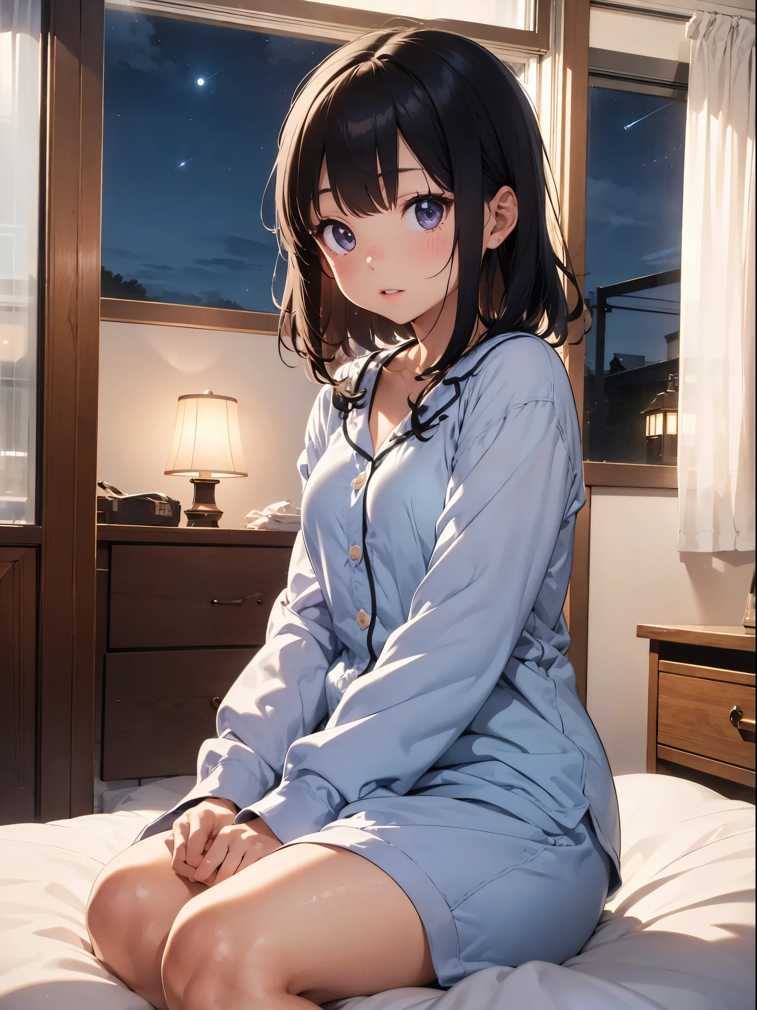 Beautiful woman, Panties are visible, Beautiful legs,alone, handcuffs, A gentle smile on her face, Black Hair, blue eyes, Beautiful depiction,Cozy bedroom(beautiful 夜 views from windows), Very detailed high resolution, 