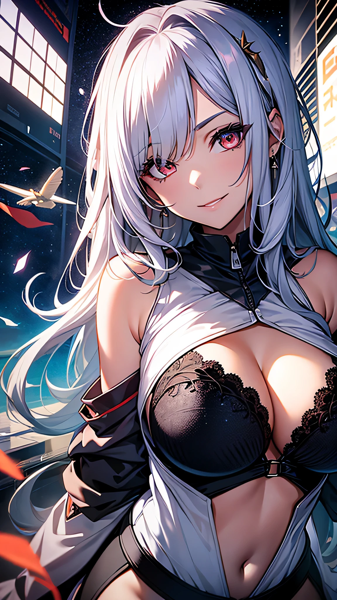 最high quality、Best image quality、masterpiece、girl((18-year-old、 By becoming、Best Bust、Medium Bust,Wide open breast tea、Red glowing eyes,Silver Hair、Disheveled Hair、Long Hair、thin,The highest valley、Open chest、White wristband、smile、hair ornamentany accessories、White see-through shirt、Gal Style、Angle from directly above、Raise your right arm、Show the whole body,)),high quality、Beautiful art、background((Institute for Space Research))、Flight、Flying debris、Written boundary depth、movie、Visual Arts、Perfect art、8K,Genuine、