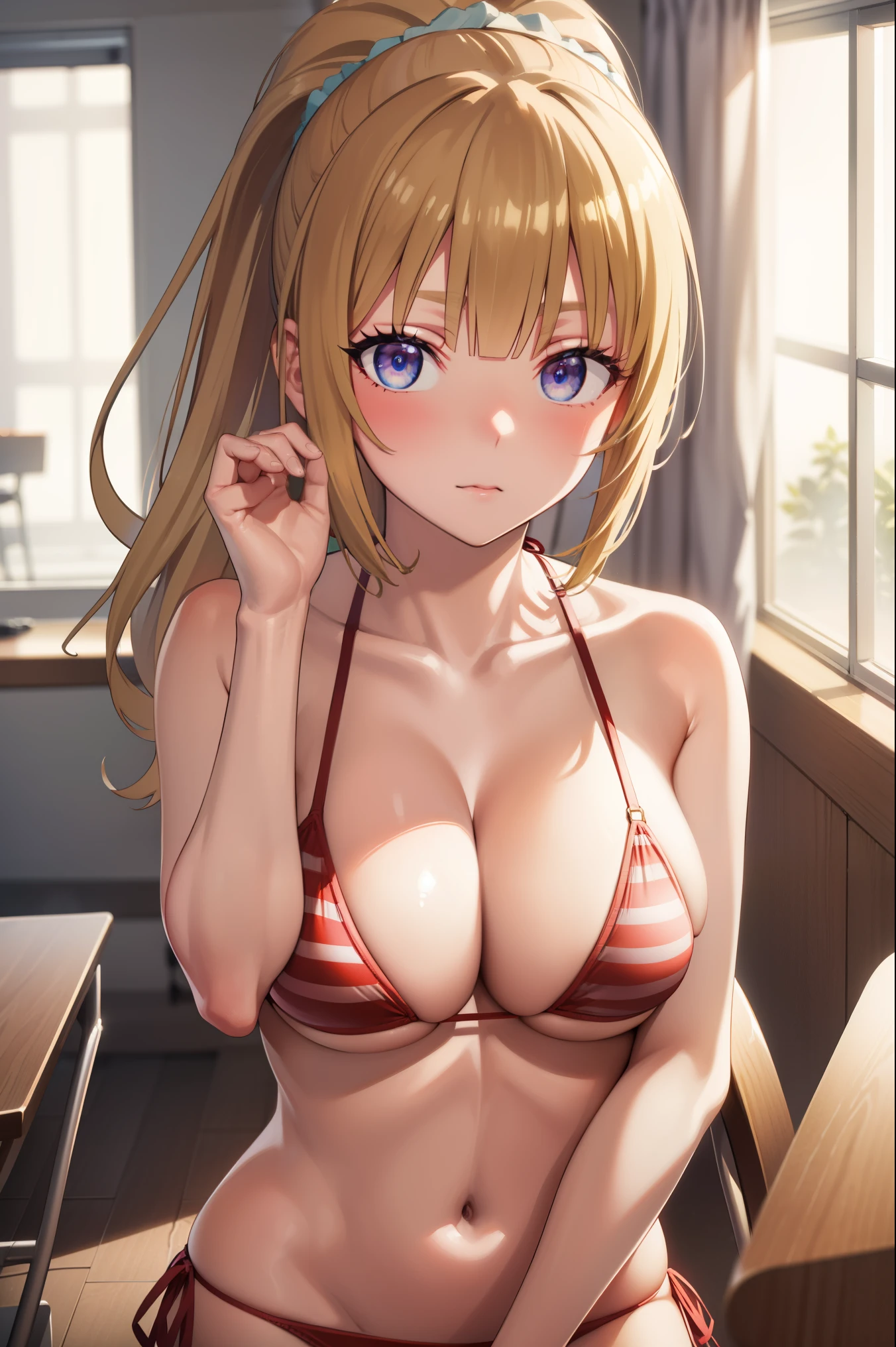 keikaruizawa, kei karuizawa, long hair, bangs, blunt bangs, (purple eyes:1.1), blonde hair, shirt, hair ornament, ponytail, scrunchie, blue scrunchie,
BREAK (striped bikini, red bikini, white bikini:1.2),
BREAK indoors, classroom,
BREAK looking at viewer, BREAK (masterpiece:1.2), best quality, high resolution, unity 8k wallpaper, (illustration:0.8), (beautiful detailed eyes:1.6), extremely detailed face, perfect lighting, extremely detailed CG, (perfect hands, perfect anatomy),