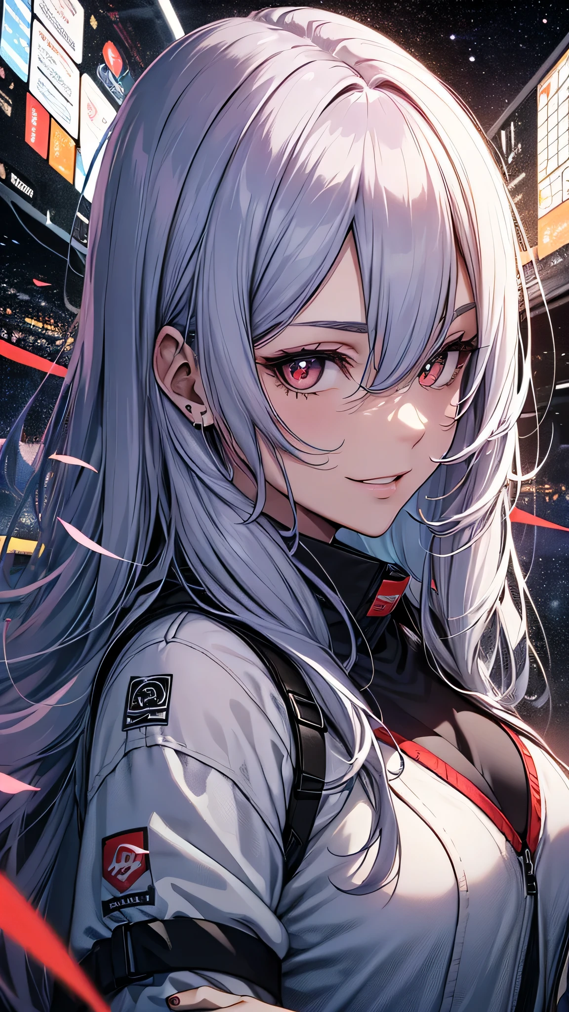 最high quality、Best image quality、masterpiece、girl((18-year-old、 By becoming、Best Bust、Medium Bust,Wide open breast tea、Red glowing eyes,Silver Hair、Disheveled Hair、Long Hair、thin,The highest valley、Open chest、White wristband、smile、hair ornamentany accessories、White see-through shirt、Gal Style、Angle from directly above、Raise your right arm、Show the whole body,)),high quality、Beautiful art、background((Institute for Space Research))、Flight、Flying debris、Written boundary depth、movie、Visual Arts、Perfect art、8K,Genuine、