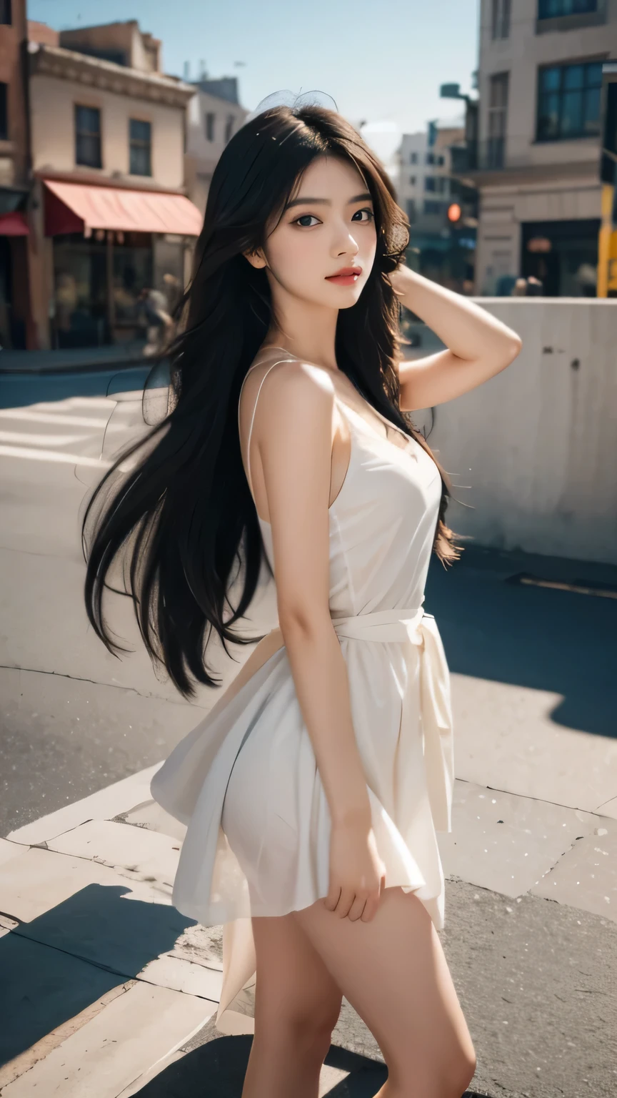 black hair, hair bobbles, wince, longeyelashes, solid circle eyes, light smile, ear blush, fang, Surrealism, drop shadow, anaglyph, stereogram, tachi-e, pov, atmospheric perspective, 8k, super detail, ccurate, best quality,Black Hair, Hair shaking, victory, Long eyelashes, Solid round eye, A faint smile, ear blush, direction, Surrealism, shadow, Relief, Stereogram, Standing picture, View, Atmospheric perspective, 8k, Super Detail, precise, best quality,(best quality,4K,8k,high resolution,masterpiece:1.2),Ultra Detailed,(Practical,photoPractical,photo-Practical:1.37),Full body portrait,1 girl, Perfect hourglass illustration, Exquisite features, Mysterious eyes, white transparent dress, Bare shoulders, blush, Shy, Pink long hair, Looking at the audience, Small Breasts, Writing Depth Limit, High-definition images、Thin waist。v-6