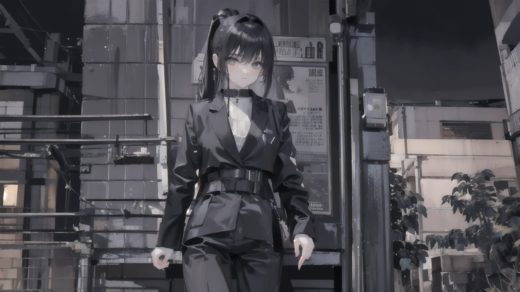 {{masterpiece, highest quality, Highly detailed CG, 8k wallpaper, 3D, Cinema Lighting}}、((深night、night、Dirty City、Main Street、dark))、woman、ponytail、business suit、leaning against the wall、Outdoor、smoking、Smoking