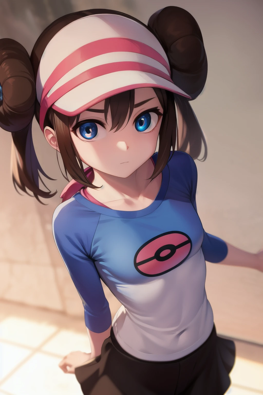 rosa, rosa, brown hair, double bun, doughnut hair bun, hair bun, blue eyes, hair between eyes, twintails, (small breasts:1.2),
BREAK pantyhose, pantyhose under shorts, raglan sleeves, skirt, yellow skirt, white shirt, blue sleeves, long sleeves, visor cap,
BREAK looking at viewer, upper body, face focus
BREAK outdoors,
BREAK (masterpiece:1.2), best quality, high resolution, unity 8k wallpaper, (illustration:0.8), (beautiful detailed eyes:1.6), extremely detailed face, perfect lighting, extremely detailed CG, (perfect hands, perfect anatomy),