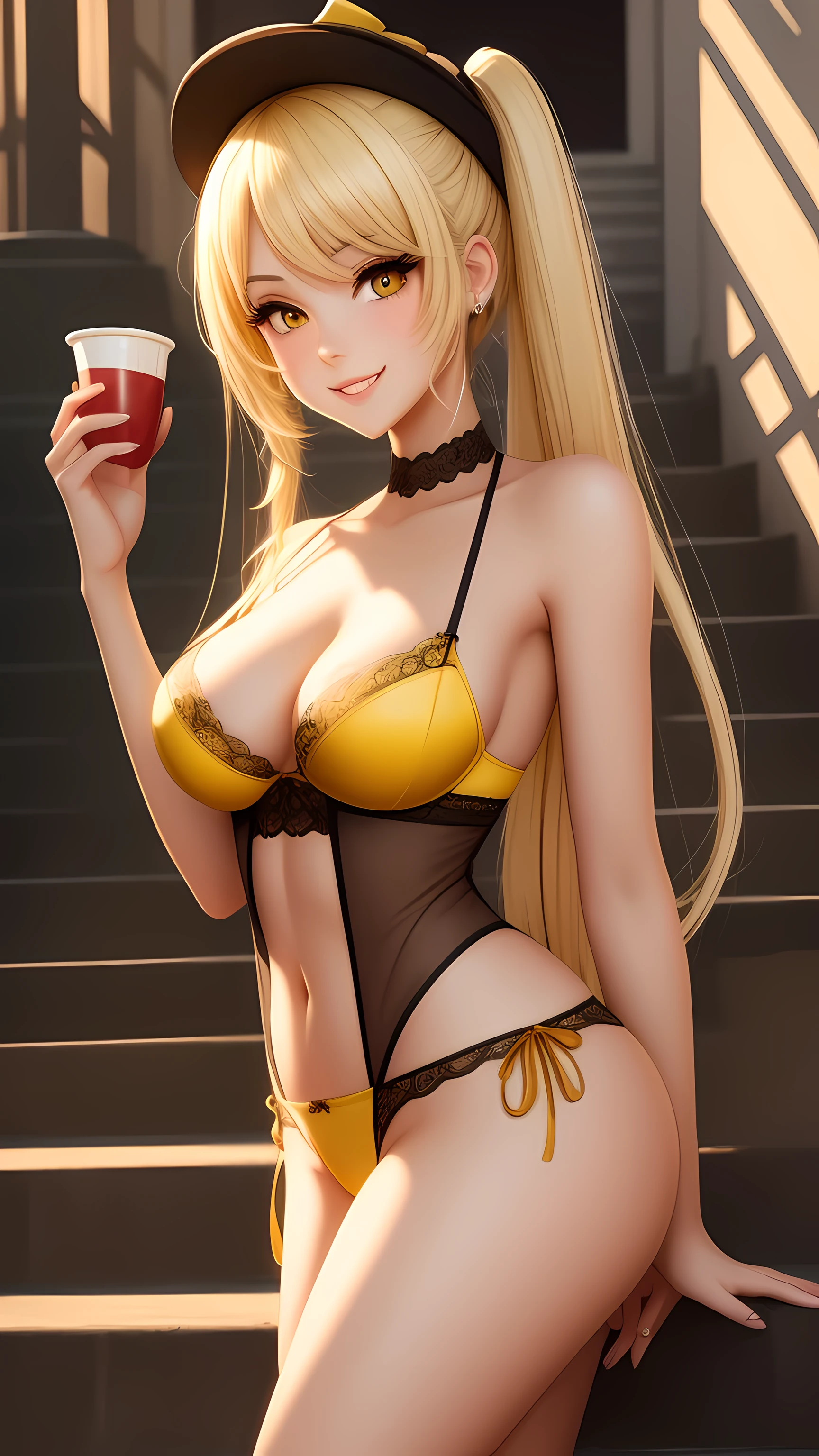 Original Character, Volumetric Lighting, Best Shadows, Shallow Depth of Field, Portrait Of Stunningly Beautiful Girl, , Delicate Beautiful Attractive Face With Alluring Yellow Eyes, Messy Painted Face, Sharp Eyebrows, Broadly Smiling, Open Mouth, Fangs Out, Lovely Medium Breasts, Layered Long Twintail Blond Hair, Blush Eyeshadow, Thick Eyelashes, Applejack Hat, wearing a lingerie, Slim Waist,  In a city,, Outside Stairs, Outdoor Unit,, Standing, (Highest Quality, Amazing Details:1.25), (Solo:1.3), Brilliant Colorful Paintings, 