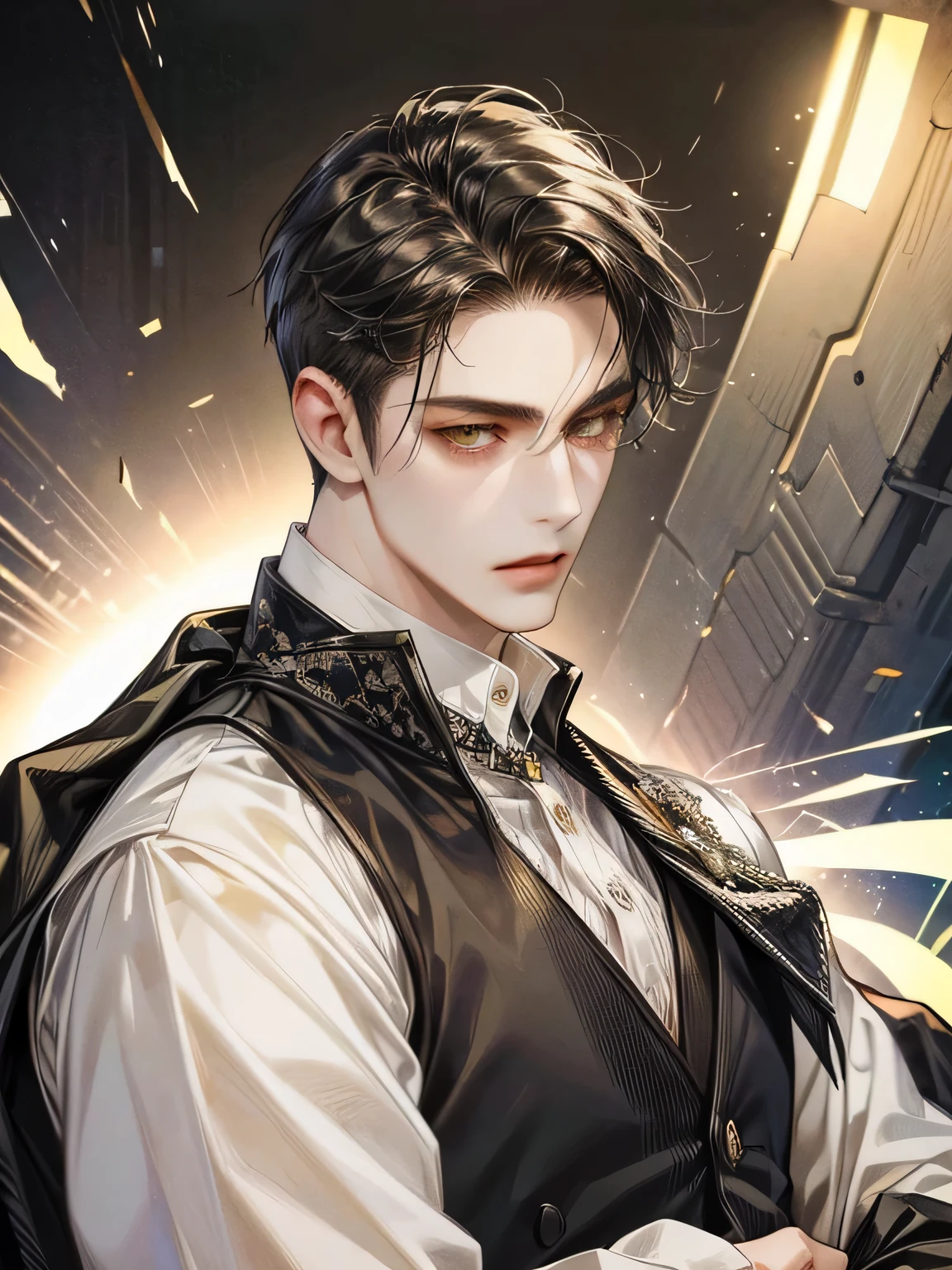 (best quality,HD:1.2), ultra-detailed, realistic:1.37, male around 27, tall and big, black undercut, yellow eyes, soft face, sharp face, German, mordern white vest, simple modern office, low exposure, solo, soft smile