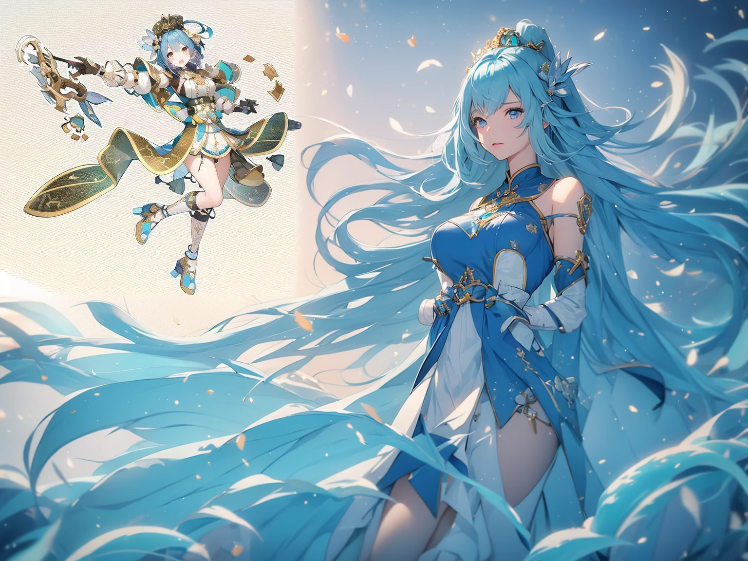 Anime girl with sword and shield in hand, Genshin Impact impact character, keqing from Genshin Impact impact, ayaka Genshin Impact impact, Genshin Impact, Light blue armor, Official character art, Kschaert Krentz Key Art Feminine, zhongli from Genshin Impact impact, Cyan and gold scheme, Genshin Impact impact, Character artwork, White Cyan