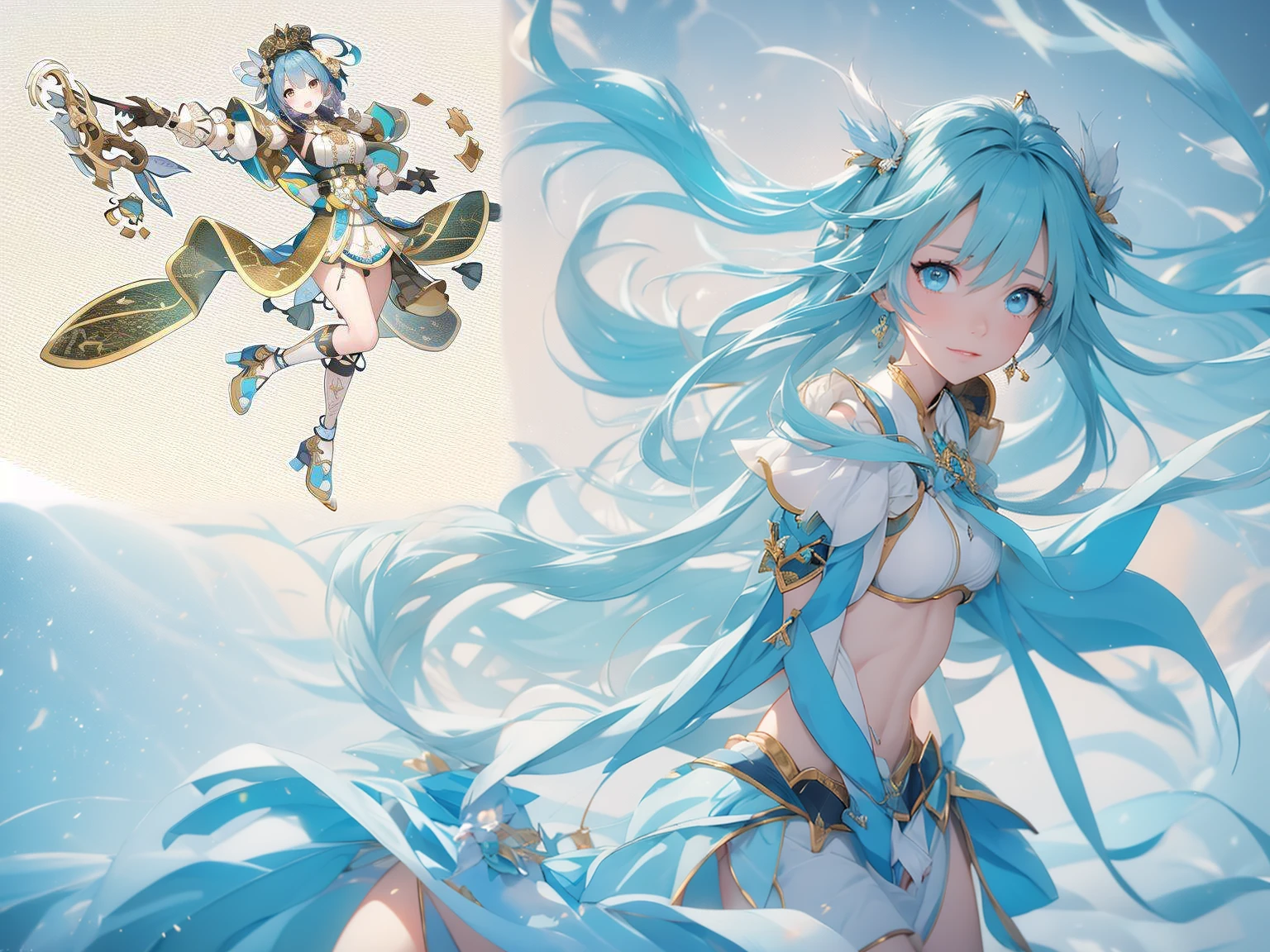 Anime girl with sword and shield in hand, Genshin Impact impact character, keqing from Genshin Impact impact, ayaka Genshin Impact impact, Genshin Impact, Light blue armor, Official character art, Kschaert Krentz Key Art Feminine, zhongli from Genshin Impact impact, Cyan and gold scheme, Genshin Impact impact, Character artwork, White Cyan