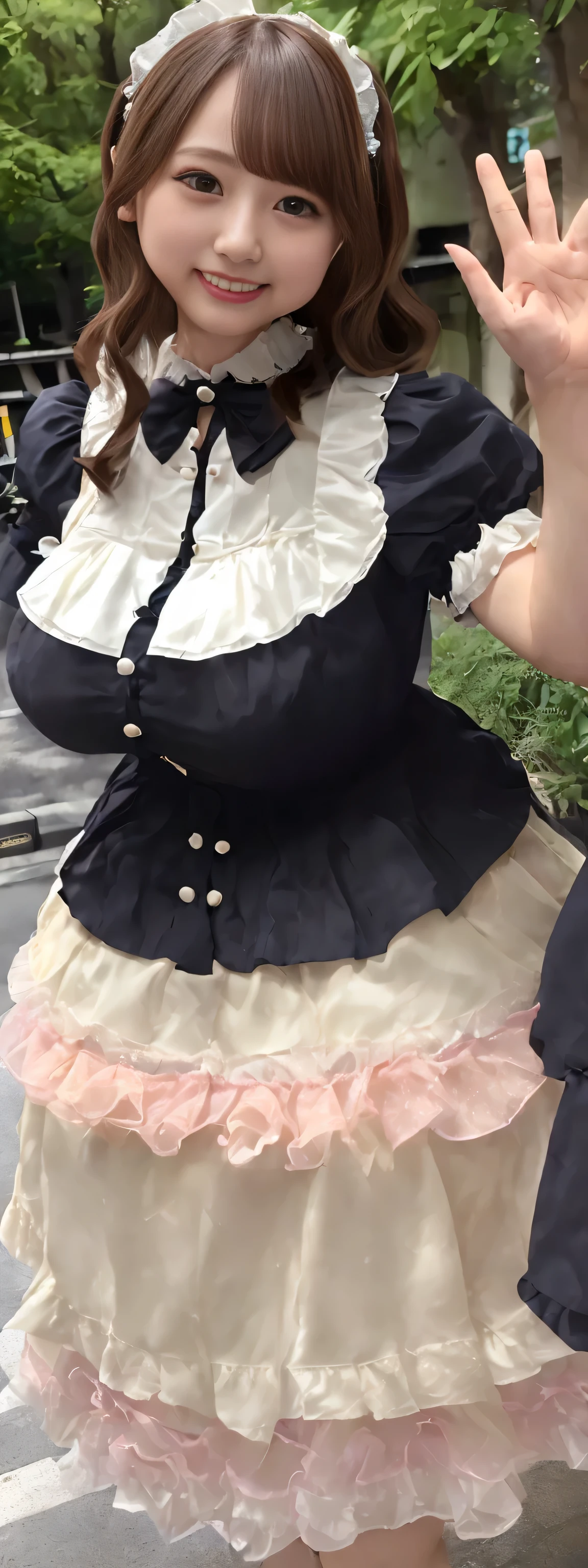 (Realistic:1.3), finely, quality, Rembrandt Lighting, (Tabletop:1.2), (Realistic:1.2), (highest quality), (Fine skin:1.3), (ComplexDetails), dramatic, Ray Tracing, 1 girl, Japanese Girls, 42 years old、Big eyes、((deep double eyelids:1.25)), cute duck mouth, smile, Twin tail hair, Twin Loop Hair, parted bangs, 42 years old, Very large and ample breasts, jirai fashion, Gothic Lolita fashion based on light yellow、Short dress, Frills, Race, ribbon, Complex, (Tokyo Street, Harajuku, May, sunny day), Browsing Caution, (height: 148cm), ((((Very accurate and correct anatomy)))),