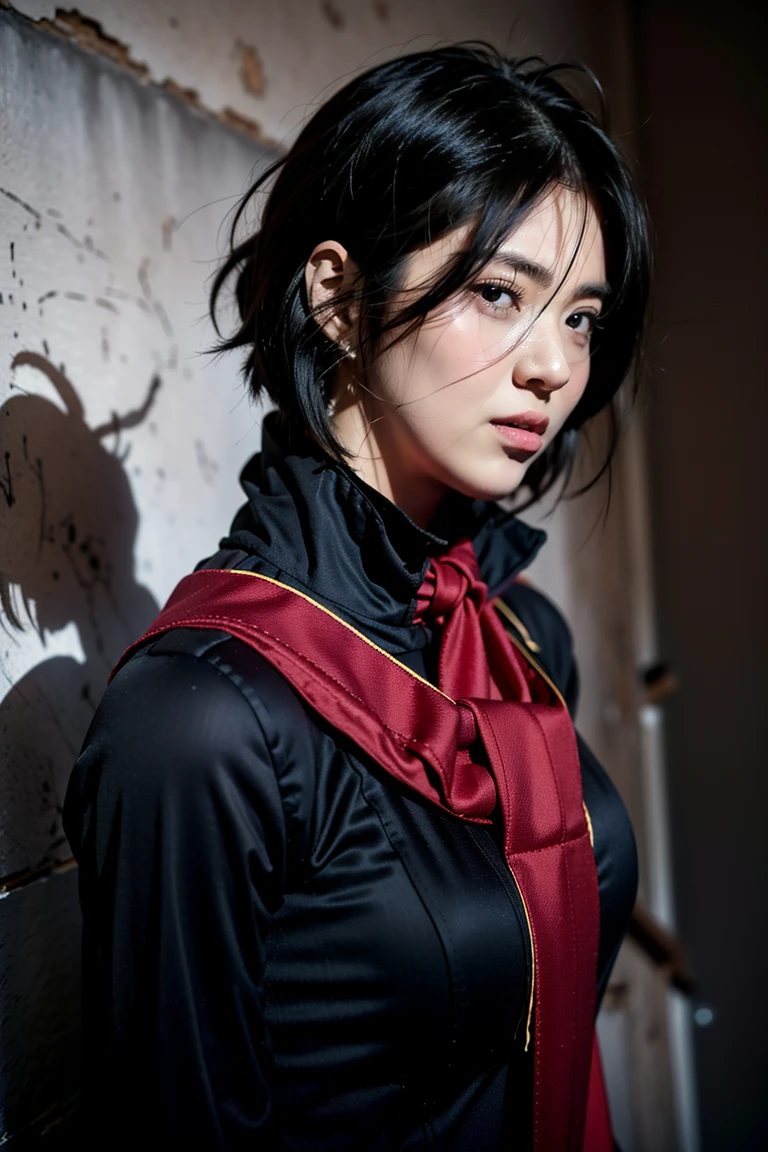 mikasa ackerman, Female action anime girl, badass posture, big smile, happy face, attack on titans, Female protagonist 👀 :8, rogue anime girl, short hair, anime figure, (Attack on Titan anime), trigger anime artstyle,1girl, dynamic angle, splashart, Complete shot of the charming Amish male silk weaver, CEL shadows, velvet, ribbons, offcial art, Unity 8k wallpaper, ultra - detailed, aesthetics, tmasterpiece, best qualtiy, Photorealistic