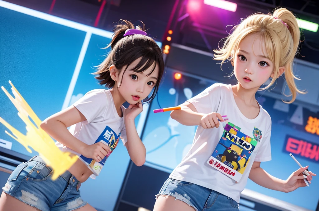 (masterpiece, highest quality, Highest image quality,photorealistic, Raw photo), are playing Splatoon pretend,playing with paint on each other using various gadgets,white t-shirt,denim hotpants,colorful stage,beautiful lighting, volumetric lighting, dynamic angle, sharp,