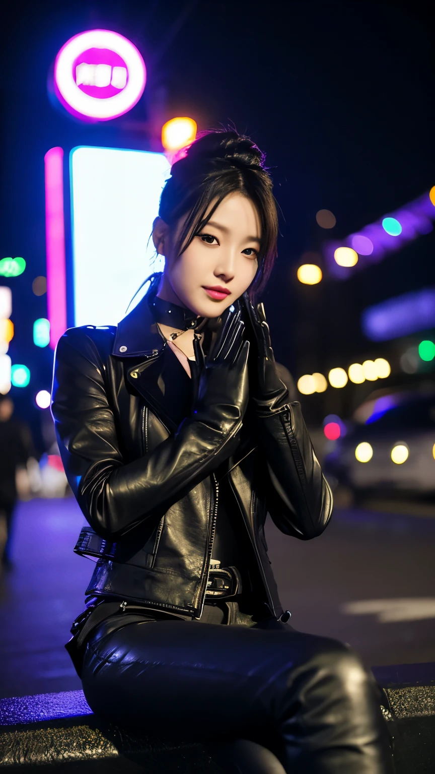 black leather rider jacket, Office in the Dark, Black leather gloved fingertips on both hands,Wearing black leather gloves,Sitting in a black leather chair、 Japanese female new recruits (Black leather gloves cover both hands) (The angle is horizontal)、Black Leather Pants,Black Leather Black Leather Pants,Black Leather Skinny Pants、Long black leather boots on both feet、Black hair ponytail ((He wears black leather gloves on his hands))Full Body Photo,full body shot full body full body leather suit,☺If you turn in this direction。Wearing black leather gloves,Wearing black leather gloves,Wearing black leather gloves,Wearing black leather gloves,Wearing black leather gloves,Wearing black leather gloves,黒のレザーパンツが美しい😍黒のレザーパンツが美しい😍黒のレザーパンツが美しい,😍Smiling while looking at me,City lights、((Neon Cyberpunk City Street:1.3))、(Neon Light)、Detailed lighting、
Best image quality、Ultra-high resolution、(realism:1.4)、Korean Beauty Star、The most beautiful KPOP stars、face、Horny Korean Makeup、A body that makes you want to touch it、Realistic leather texture、Costume made of smooth leather fabric、The drape of the curved parts of the leather fabric、The costume has a strong shine、costume quality、8K Photo Quality