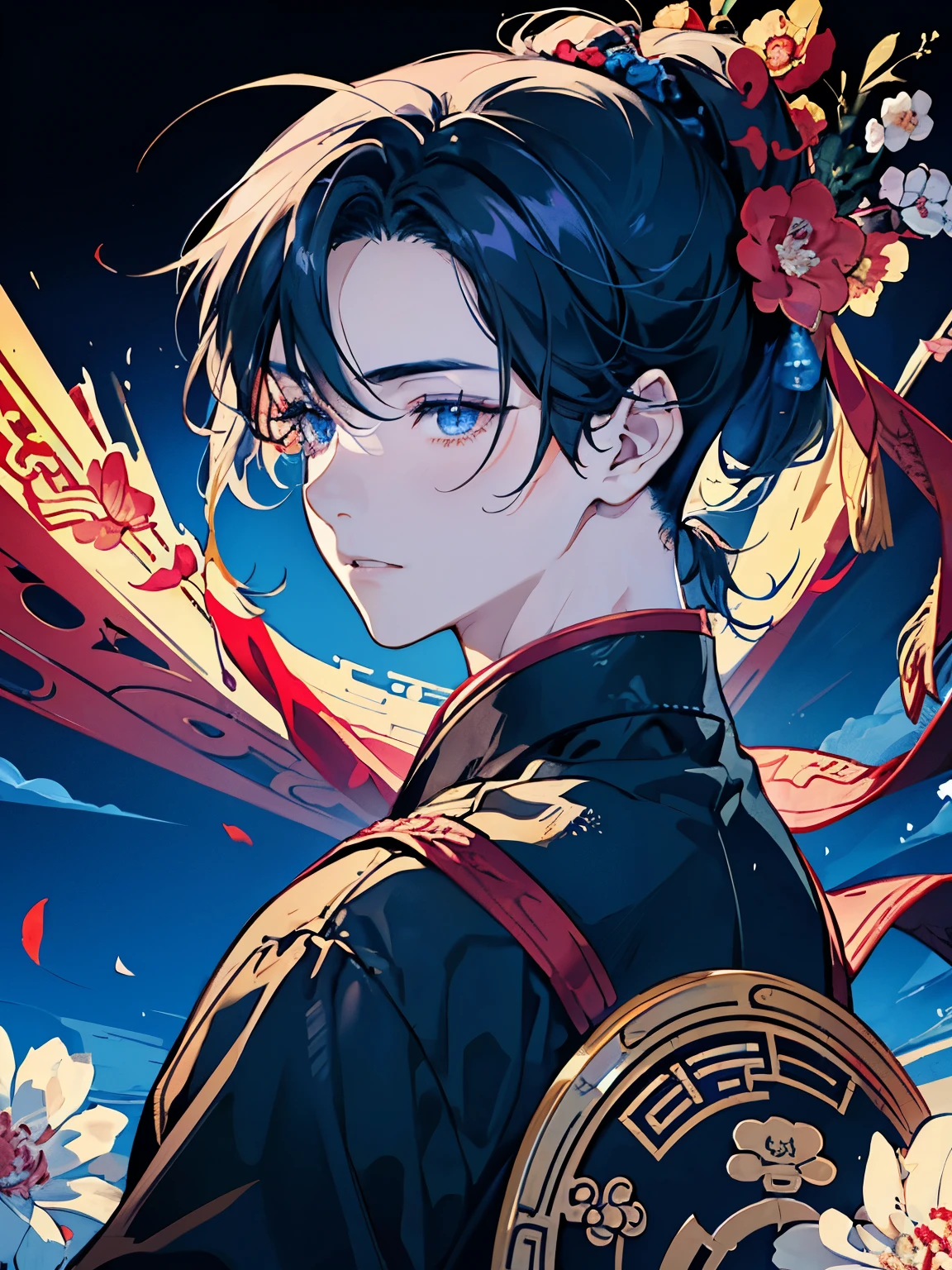 ((A boy )),(Ancient Chinese style war god costume),((dragon rising towards the sky)),(ponytail:1.5),((Fantasy)),(Bright atmosphere background),((In combat)),(battlefield),(twin sword),(Active Movement),(There are lots of flowers),Close-up of face