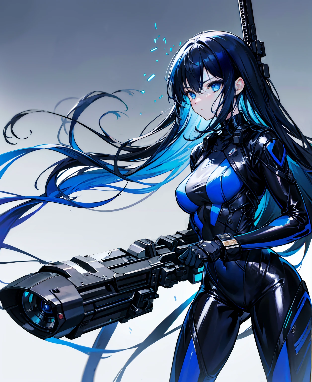 There is no background,girl,Carry a firearm,Patent leather tight suit,Use of firearms,Navy blue long hair,attention arousal,Blue colored eyes,No gradients
